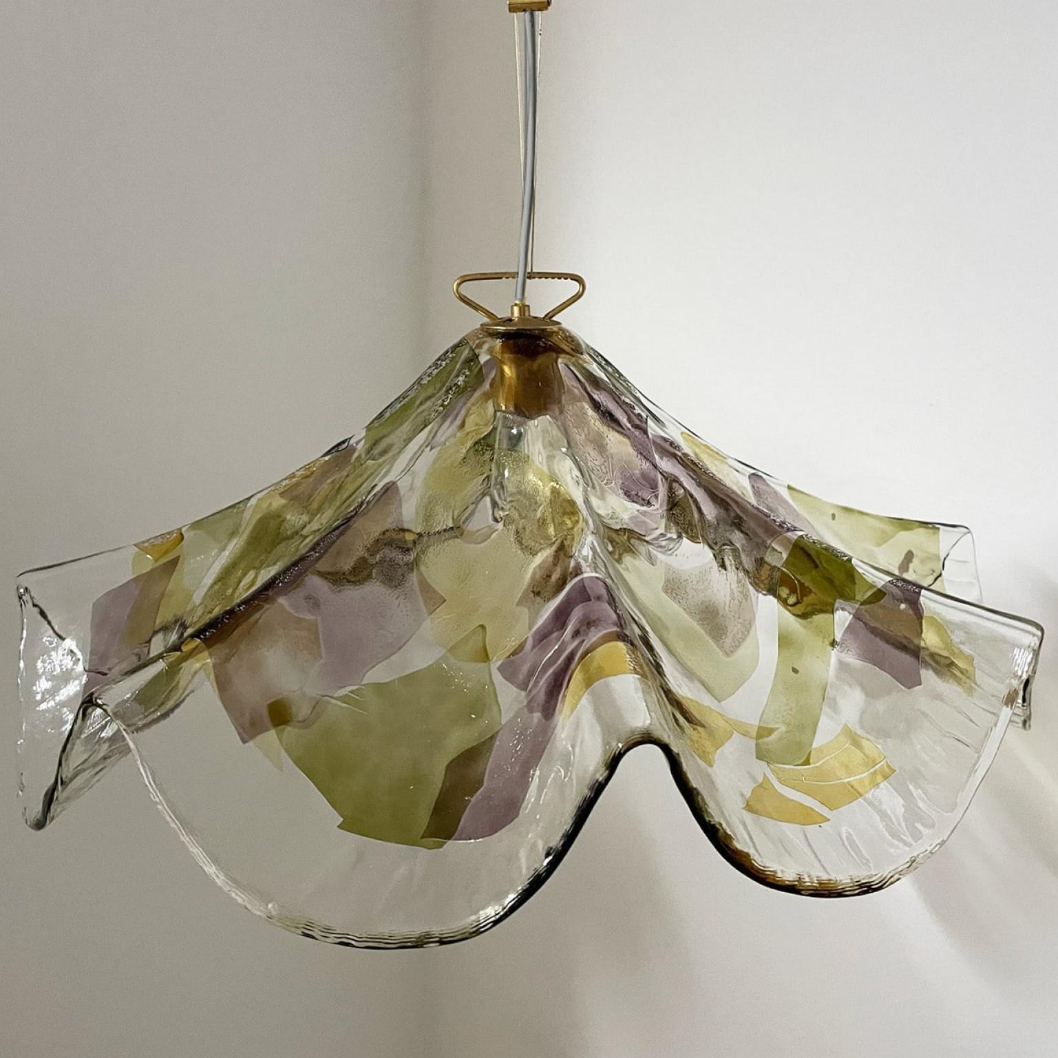Italian Purple, Green and Yellow Murano Glass Pendant by VeArt, 1980s For Sale