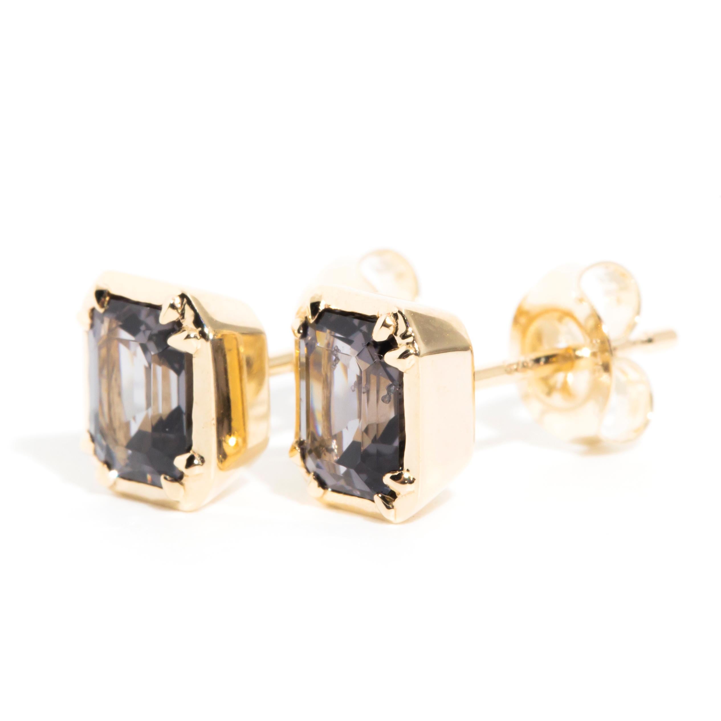 Purple Grey Emerald Cut Spinel Contemporary Stud Style Earrings in 9 Carat Gold 2