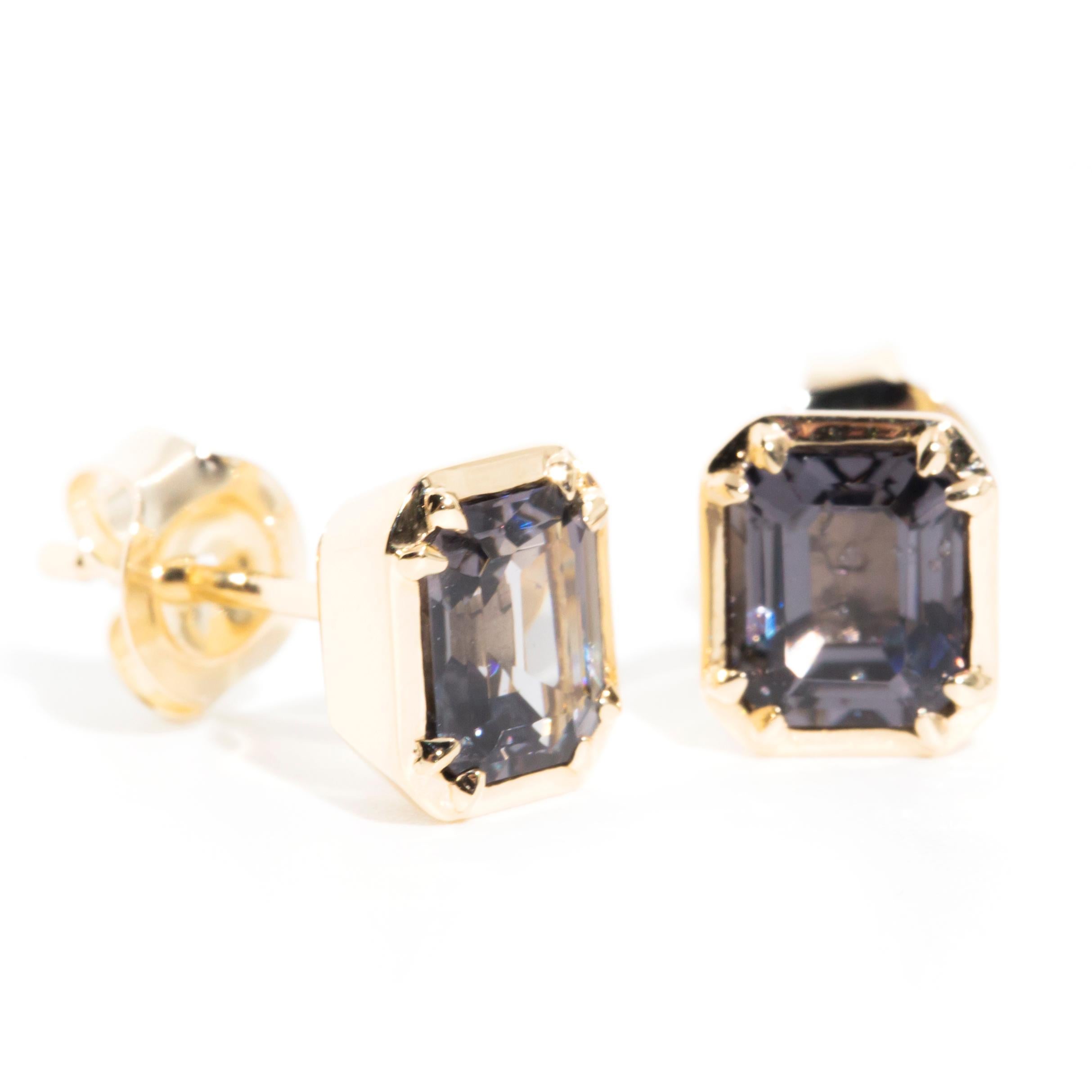 Purple Grey Emerald Cut Spinel Contemporary Stud Style Earrings in 9 Carat Gold 4