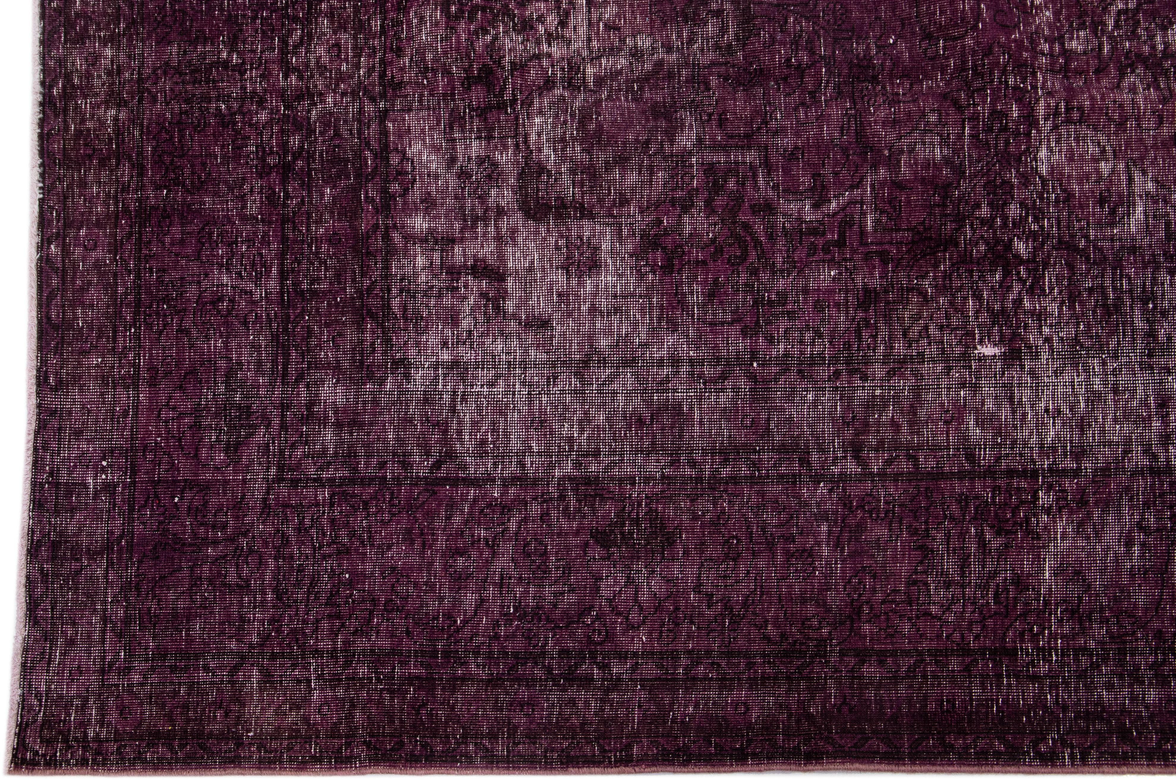 Hand-Knotted Purple Handmade Vintage Overdyed Wool Rug with Allover Motif For Sale