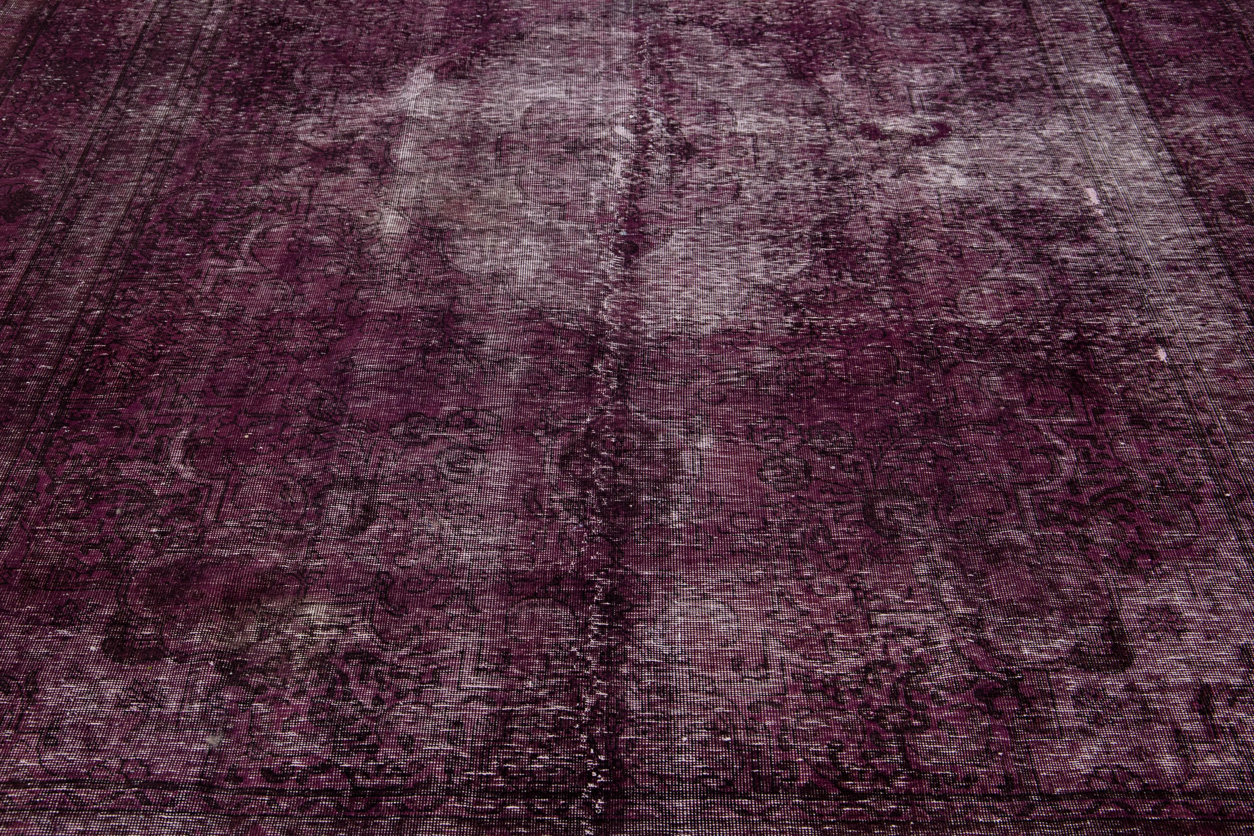 Purple Handmade Vintage Overdyed Wool Rug with Allover Motif In Distressed Condition For Sale In Norwalk, CT