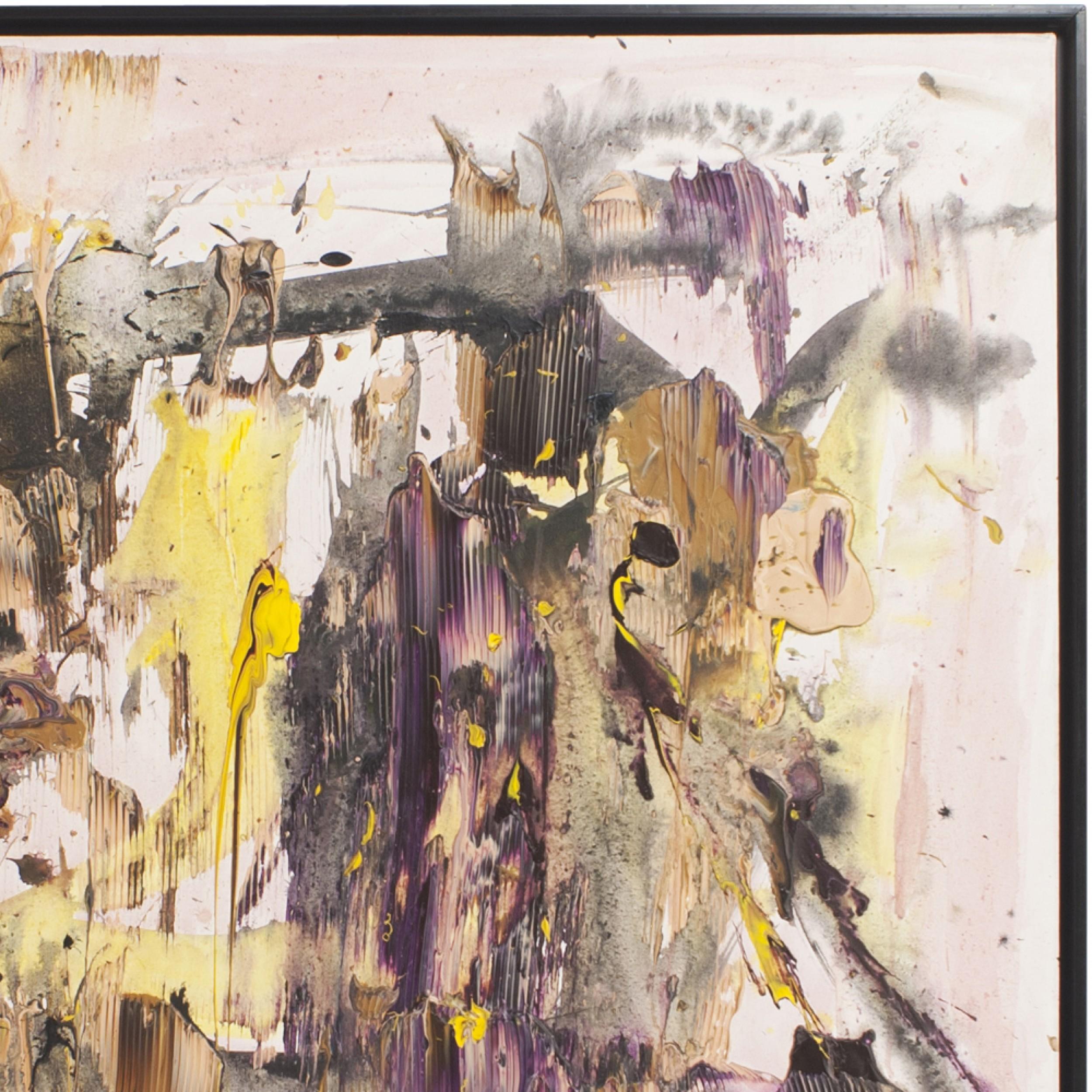 Contemporary acrylic painting on canvas with purple, black, and yellow colors; titled: 