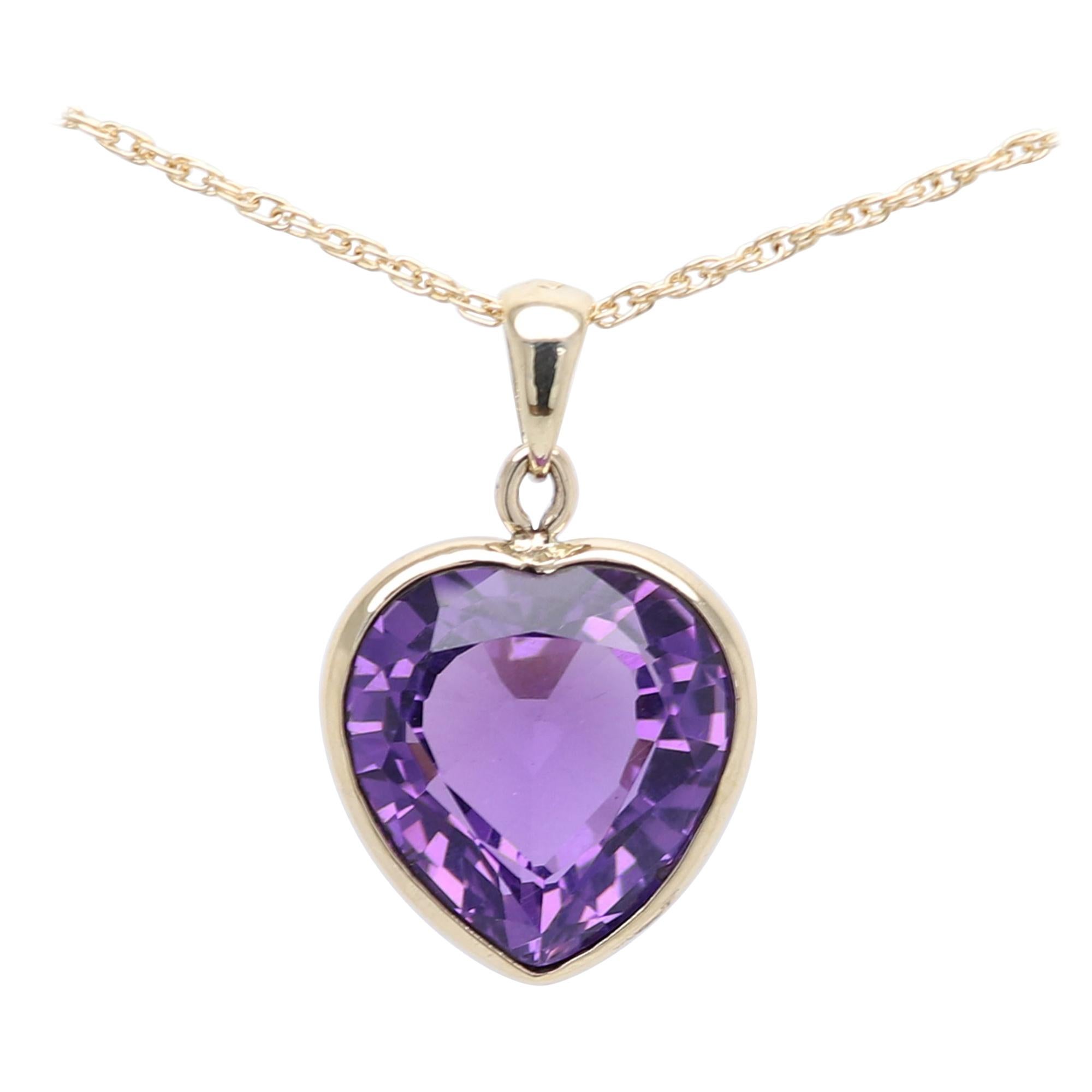 Pendentif grand cœur violet en or jaune 14 carats, pierre précieuse cœur de 13,6 carats