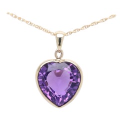 Pendentif grand cœur violet en or jaune 14 carats, pierre précieuse cœur de 13,6 carats