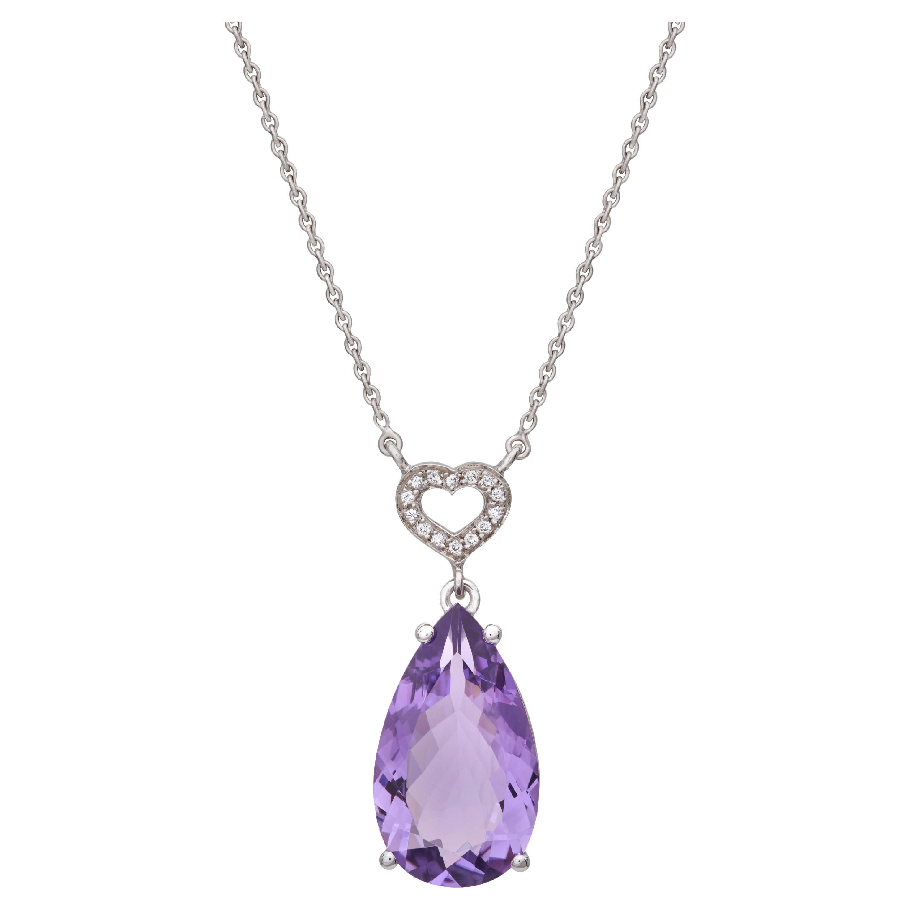 Purple Heart Pendant Necklace in 18kt White Gold with Diamonds and Amethyst