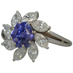 Purple Hexagonal Sapphire 1.5 Carat Diamond 18 Carat White Gold Cluster Ring