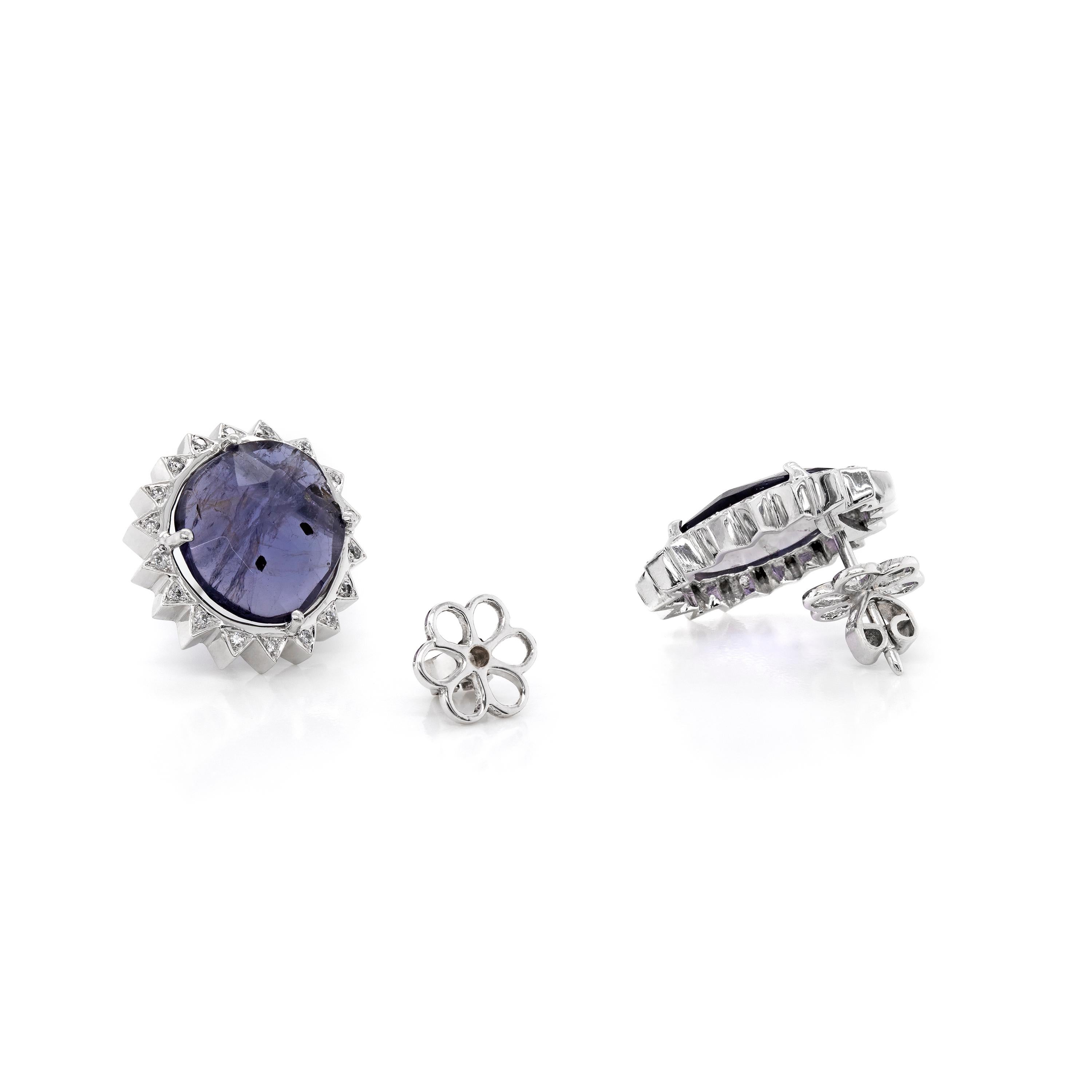 Retro Purple Iolite and Diamond 18 Carat White Gold Stud Earrings For Sale