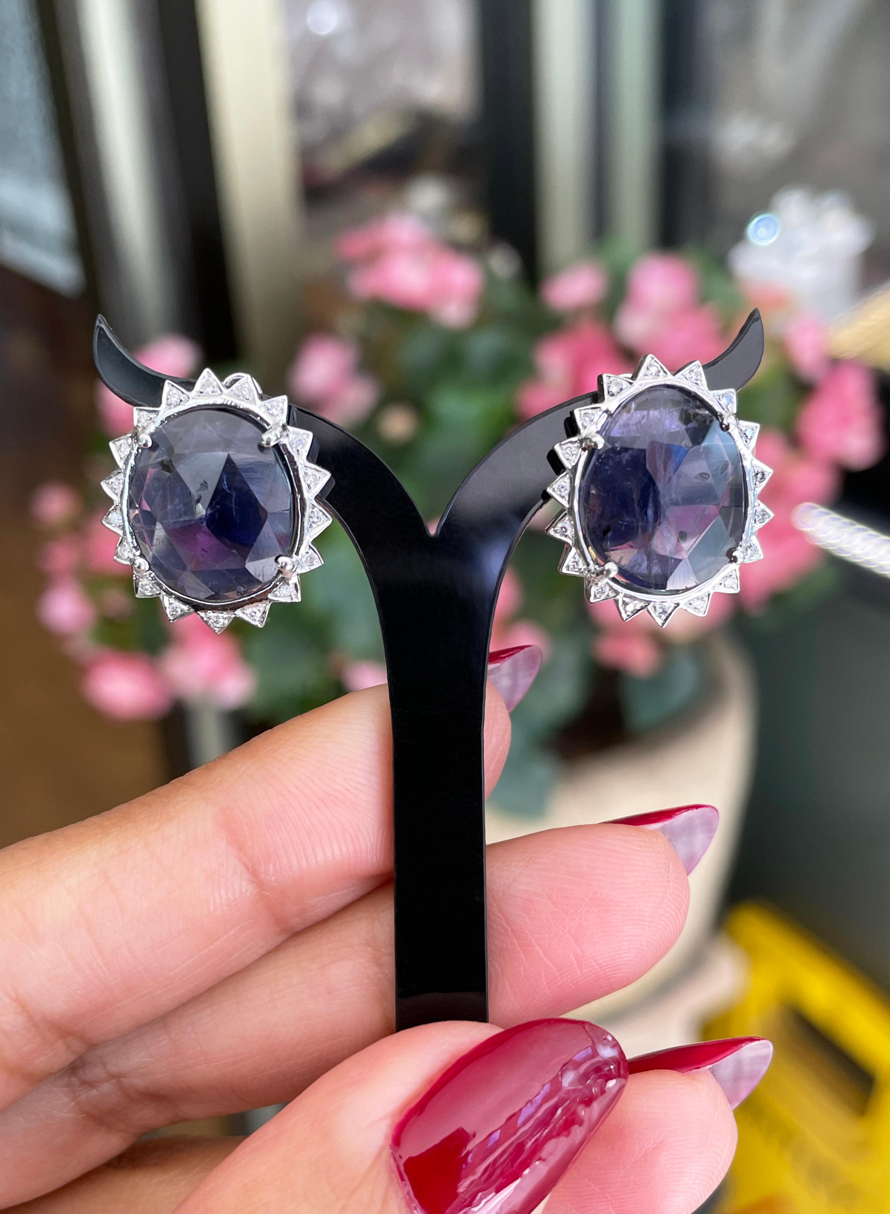 Oval Cut Purple Iolite and Diamond 18 Carat White Gold Stud Earrings For Sale