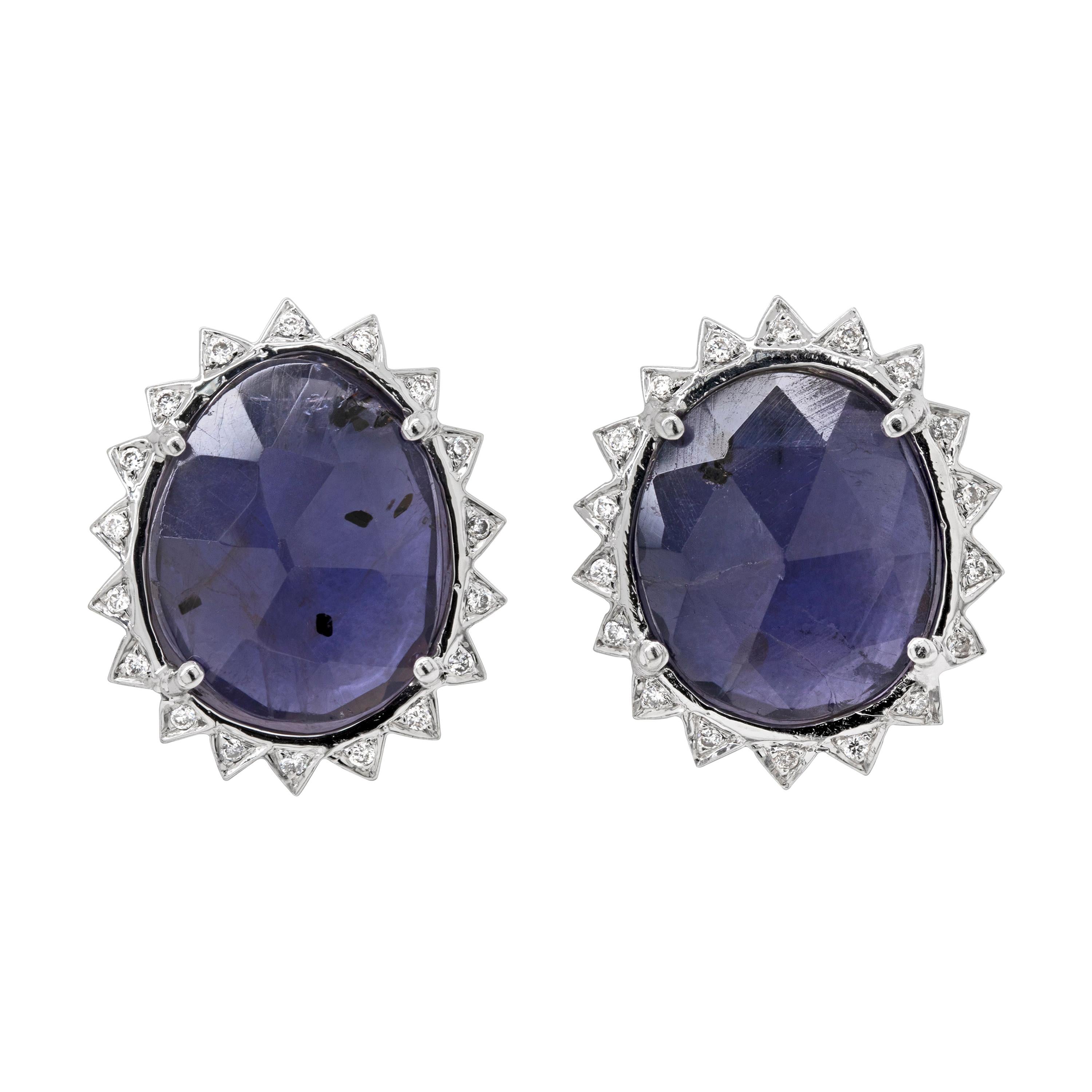 Purple Iolite and Diamond 18 Carat White Gold Stud Earrings For Sale