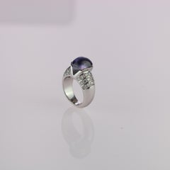Purple Iolite Cabochon Diamond Brilliant Cut 18 Karat White Gold Cocktail Ring
