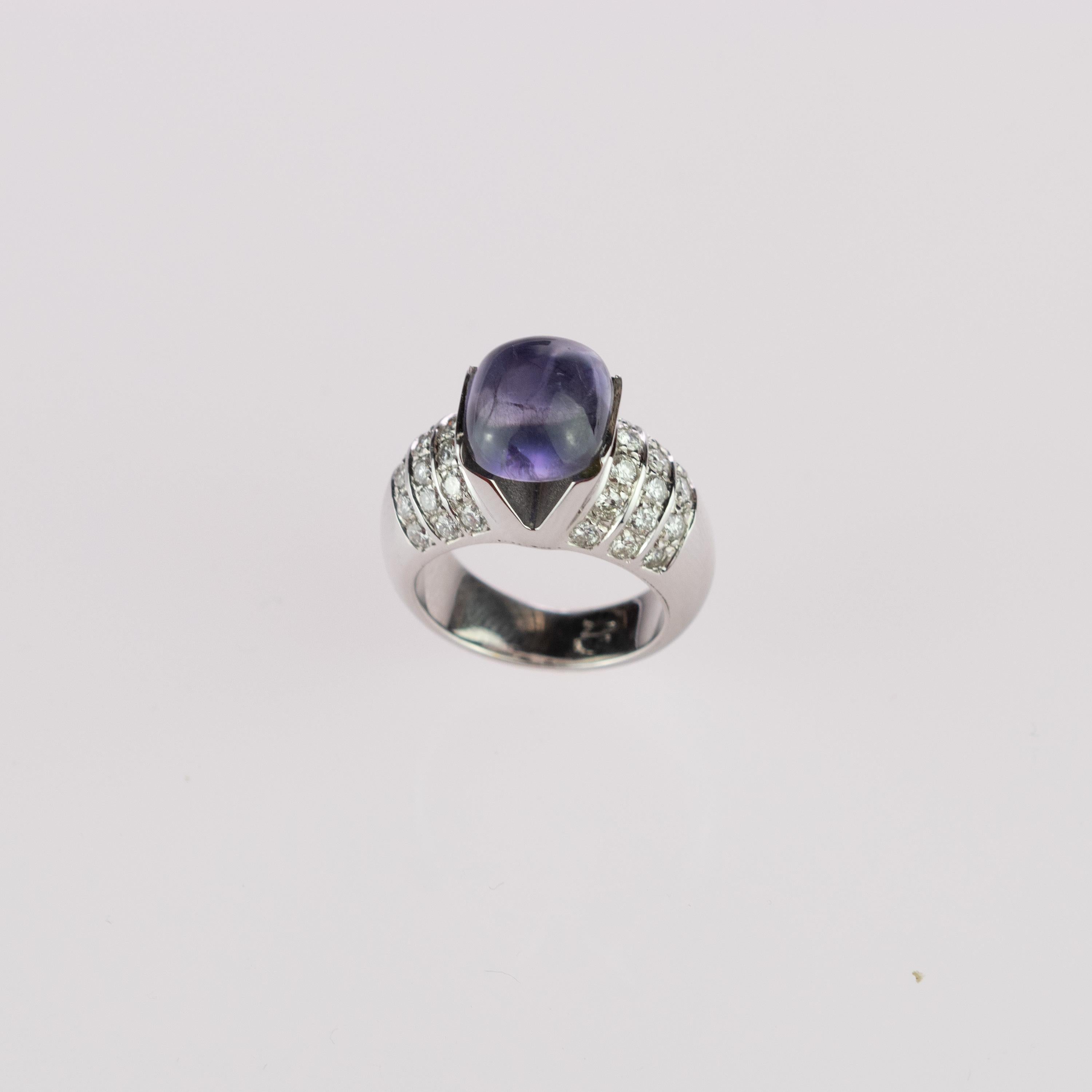 Contemporary Purple Iolite Cabochon Diamond Brilliant Cut 18 Karat White Gold Cocktail Ring For Sale