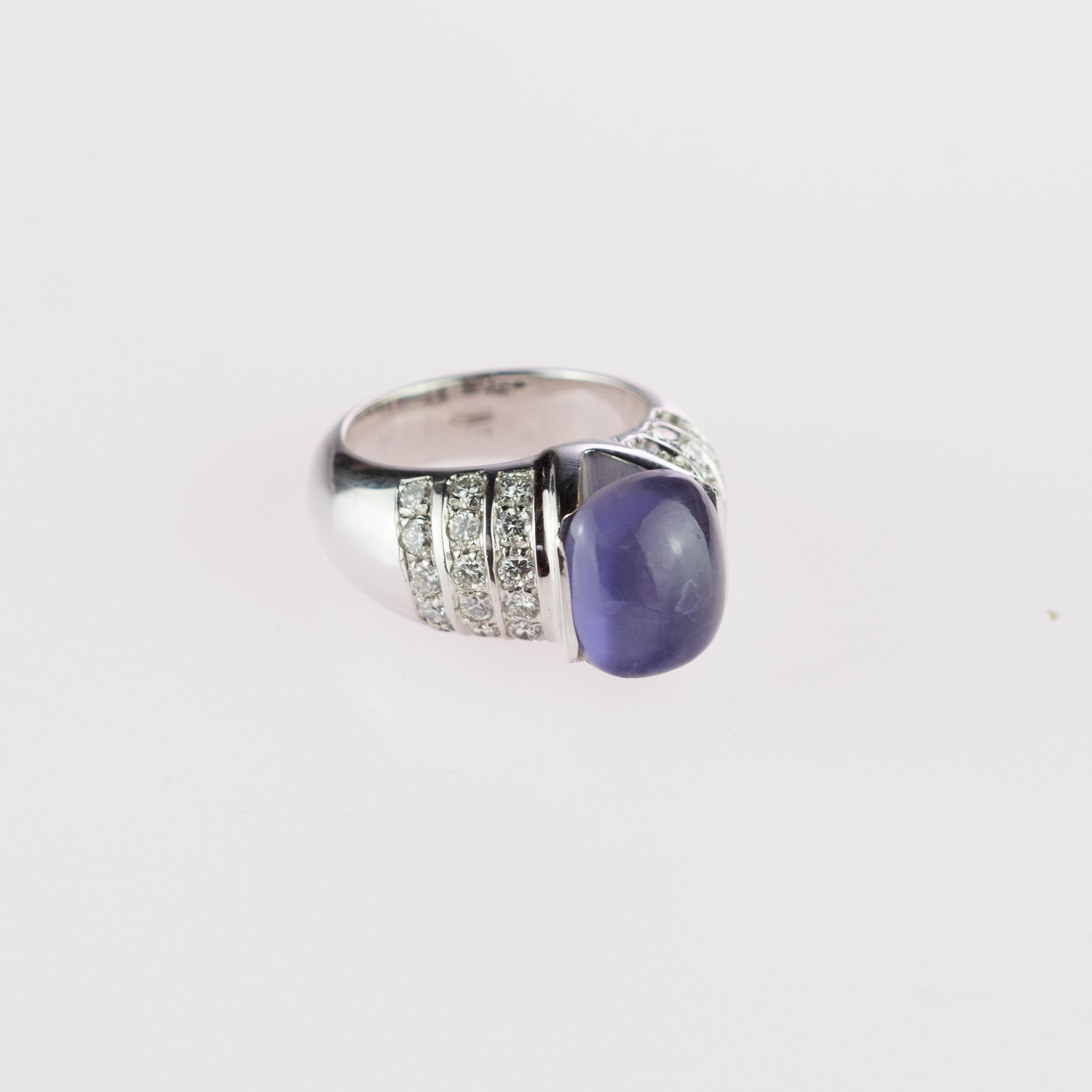 Women's Purple Iolite Cabochon Diamond Brilliant Cut 18 Karat White Gold Cocktail Ring For Sale