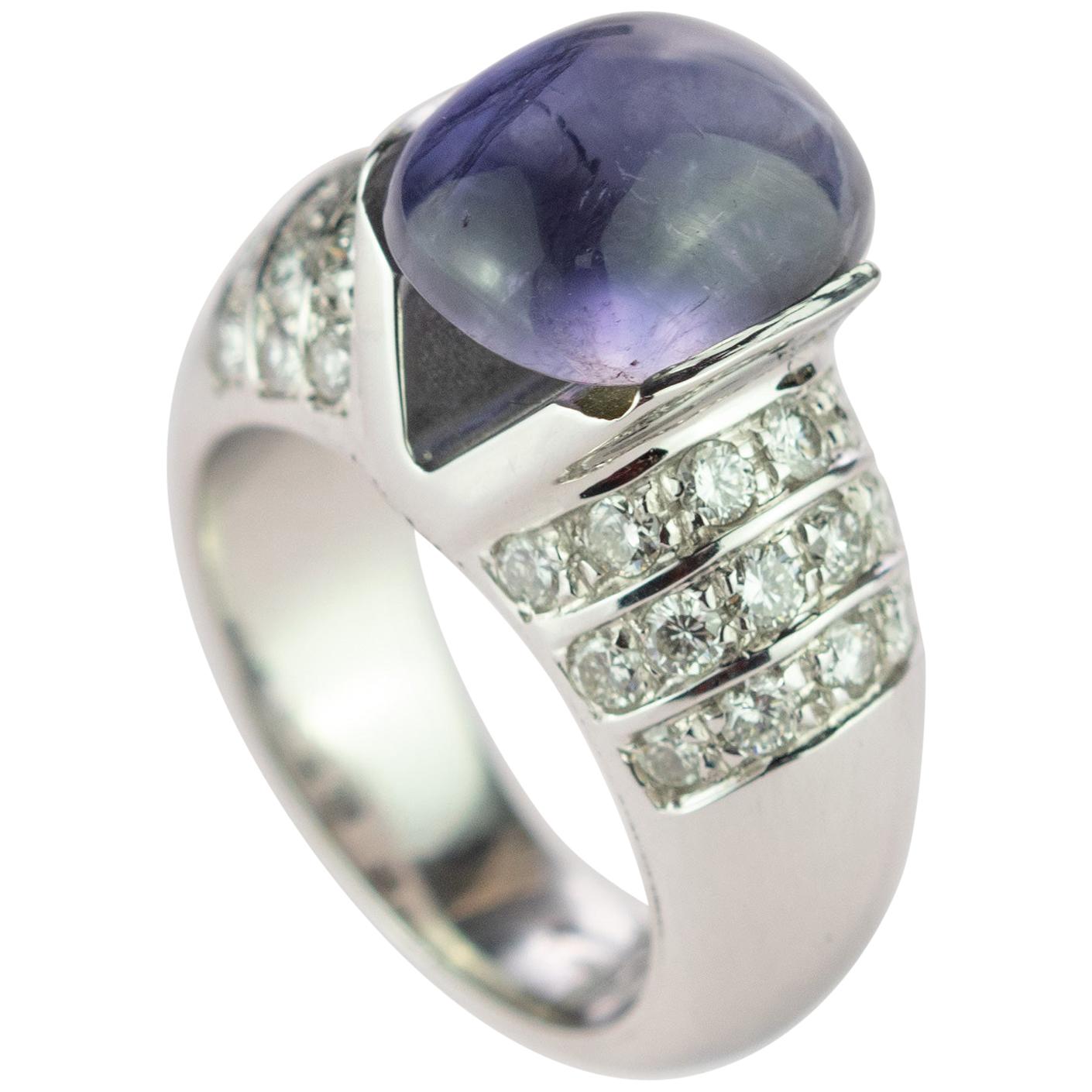 Purple Iolite Cabochon Diamond Brilliant Cut 18 Karat White Gold Cocktail Ring For Sale