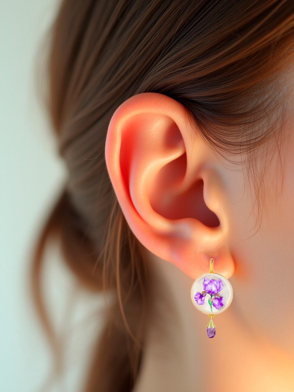Purpurrote Irisblüten aus gemaltem Perlmutt mit Amethyst-Briolett (Rundschliff) im Angebot