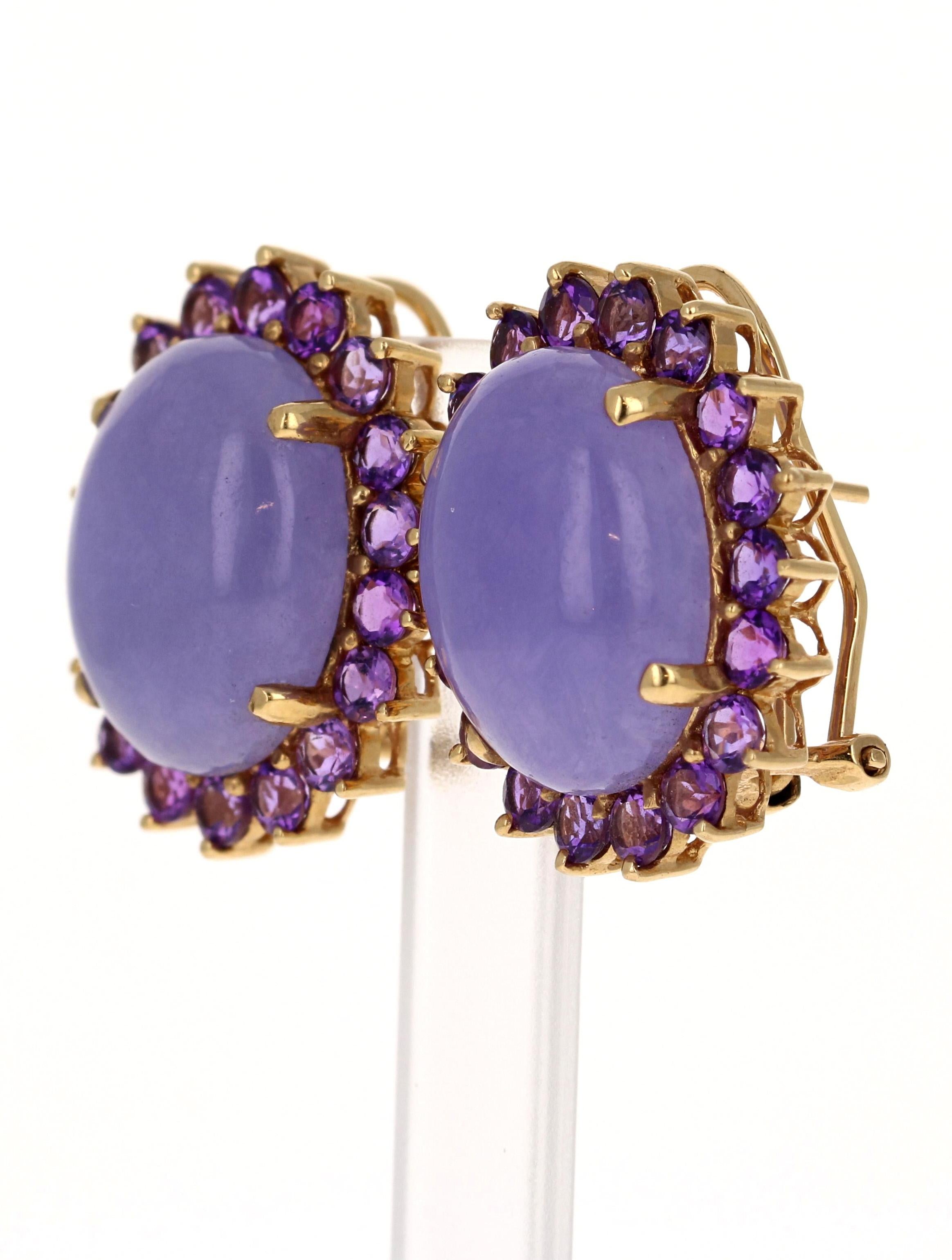 Contemporary Purple Jade Amethyst 14 Karat Yellow Gold French Omega Clip Earrings For Sale