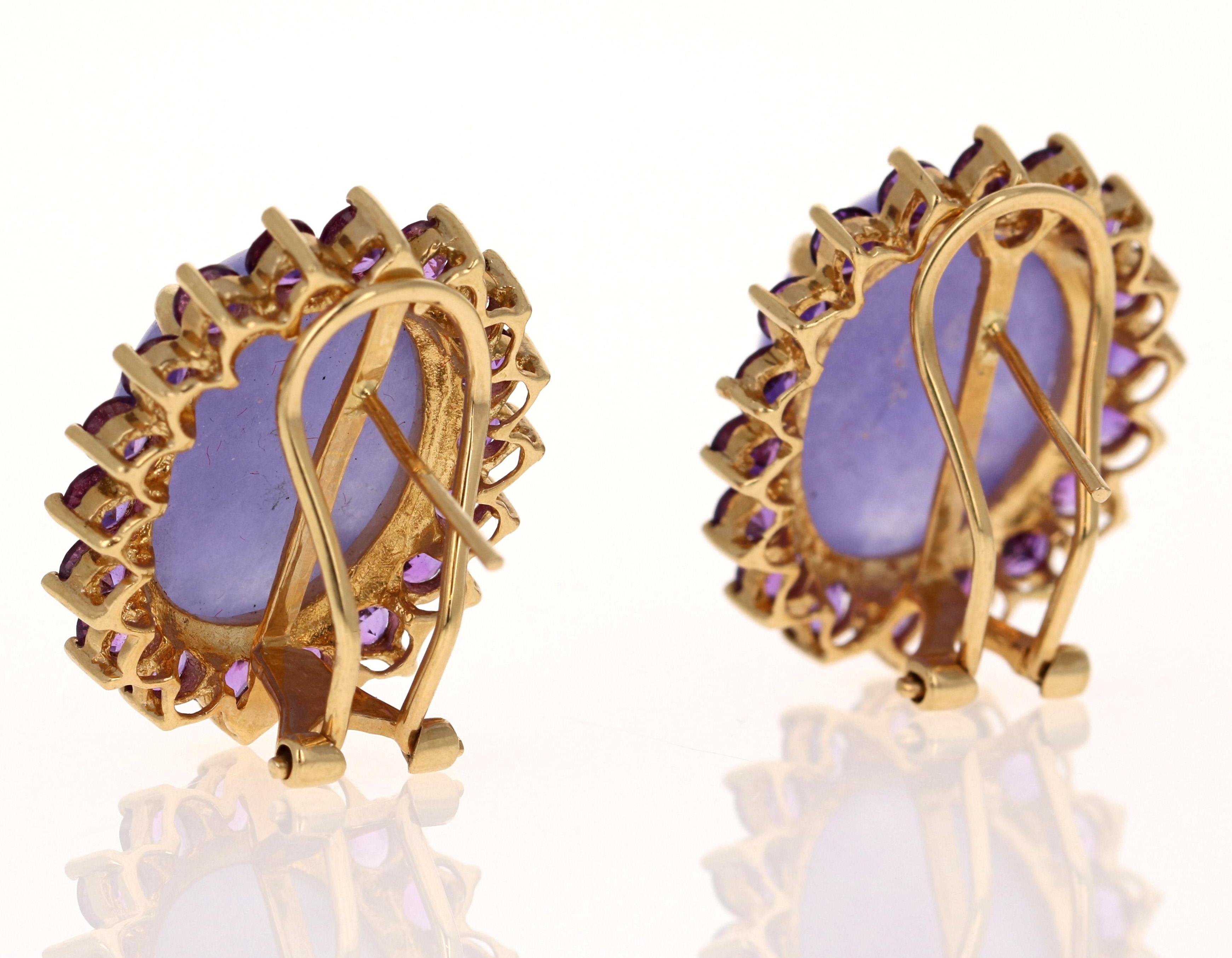 Purple Jade Amethyst 14 Karat Yellow Gold French Omega Clip Earrings In New Condition For Sale In Los Angeles, CA