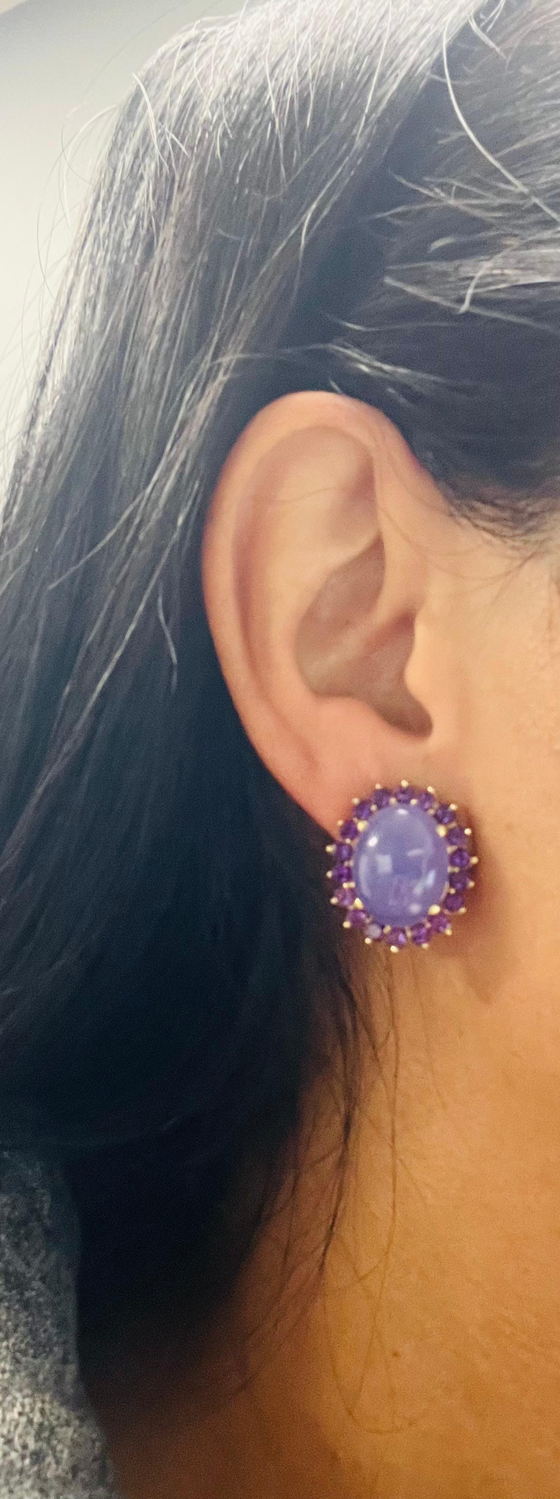 Women's Purple Jade Amethyst 14 Karat Yellow Gold French Omega Clip Earrings For Sale
