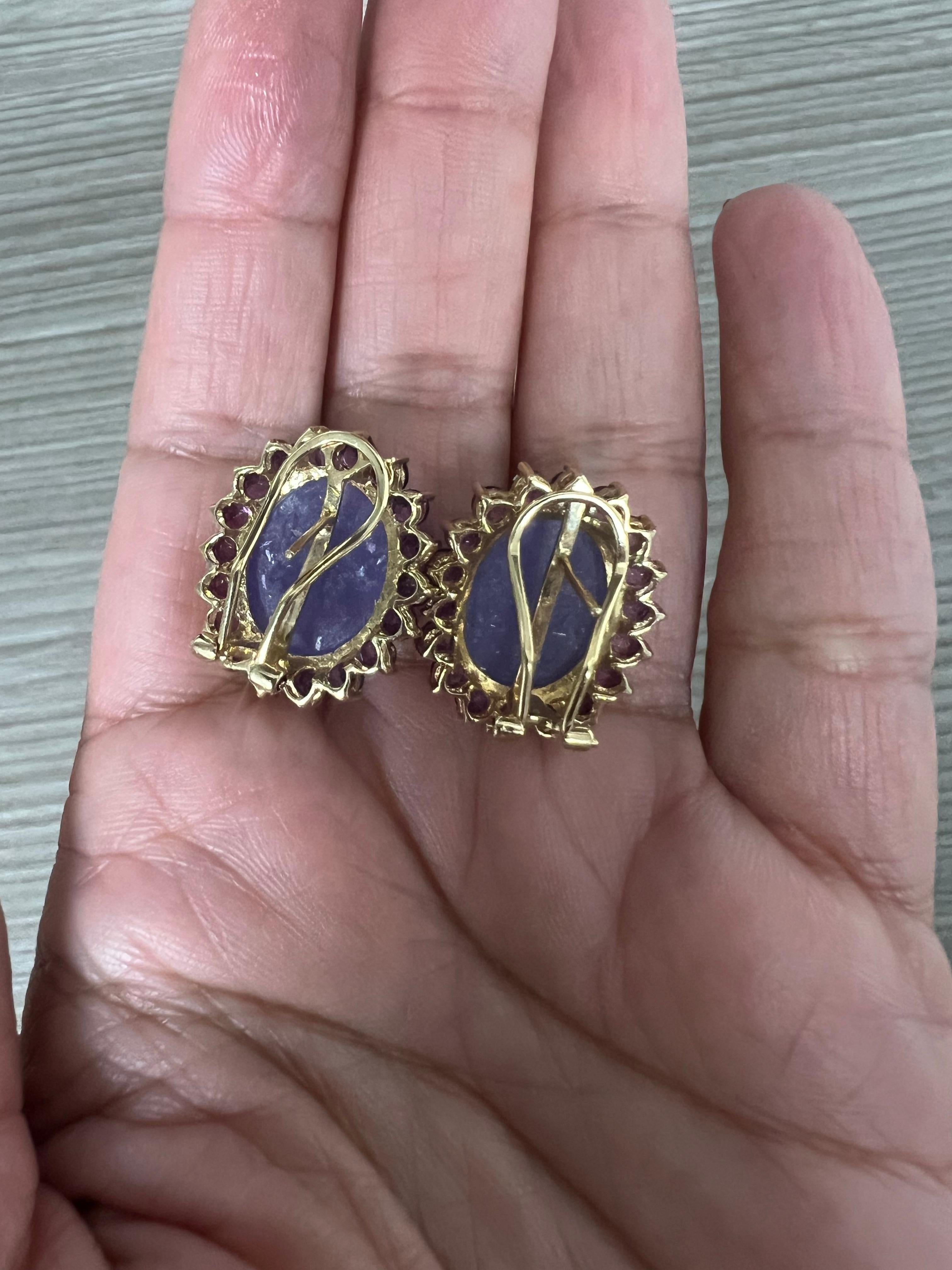 Purple Jade Amethyst 14 Karat Yellow Gold French Omega Clip Earrings For Sale 1