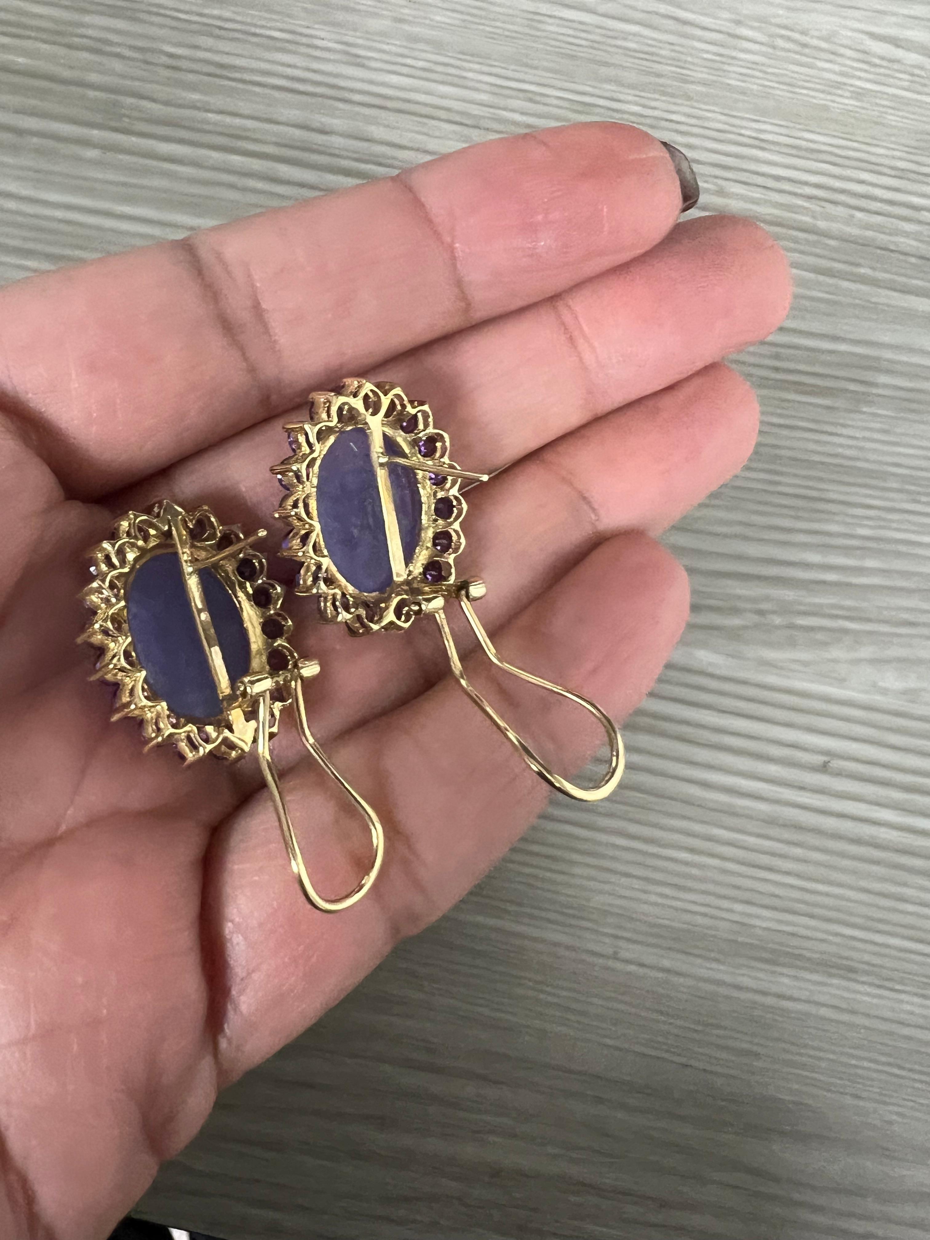Purple Jade Amethyst 14 Karat Yellow Gold French Omega Clip Earrings For Sale 2