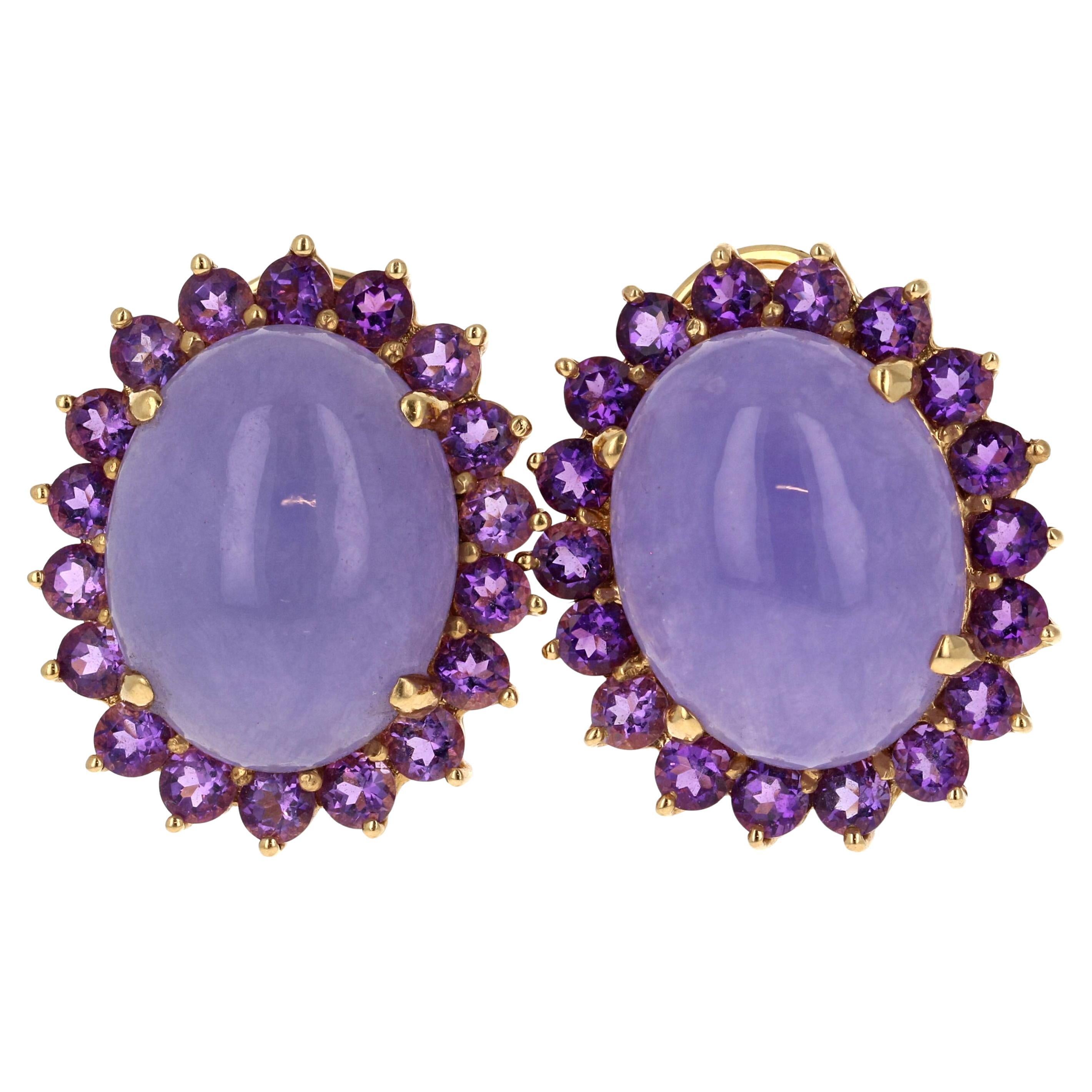 Purple Jade Amethyst 14 Karat Yellow Gold French Omega Clip Earrings
