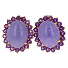 Purple Jade Amethyst 14 Karat Yellow Gold French Omega Clip Earrings