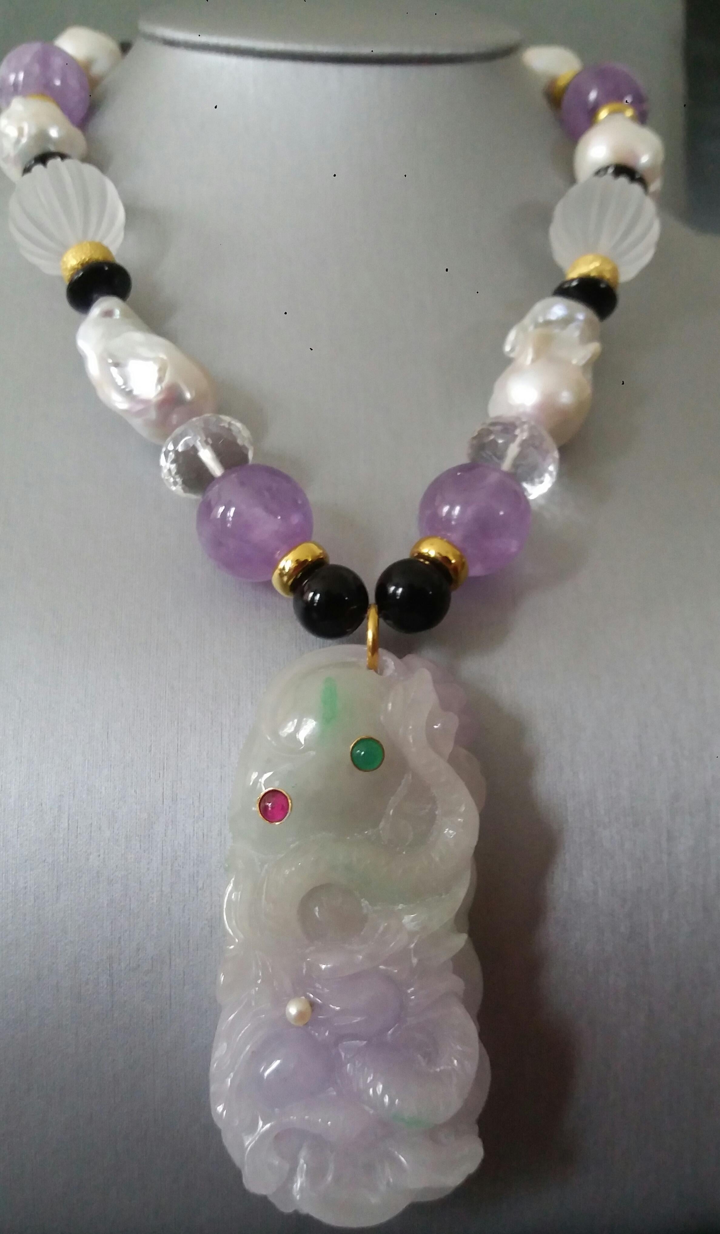 Purple Jade Amethyst Pearls Quartz Black Onyx Rubies Emeralds Gold Necklaces For Sale 2