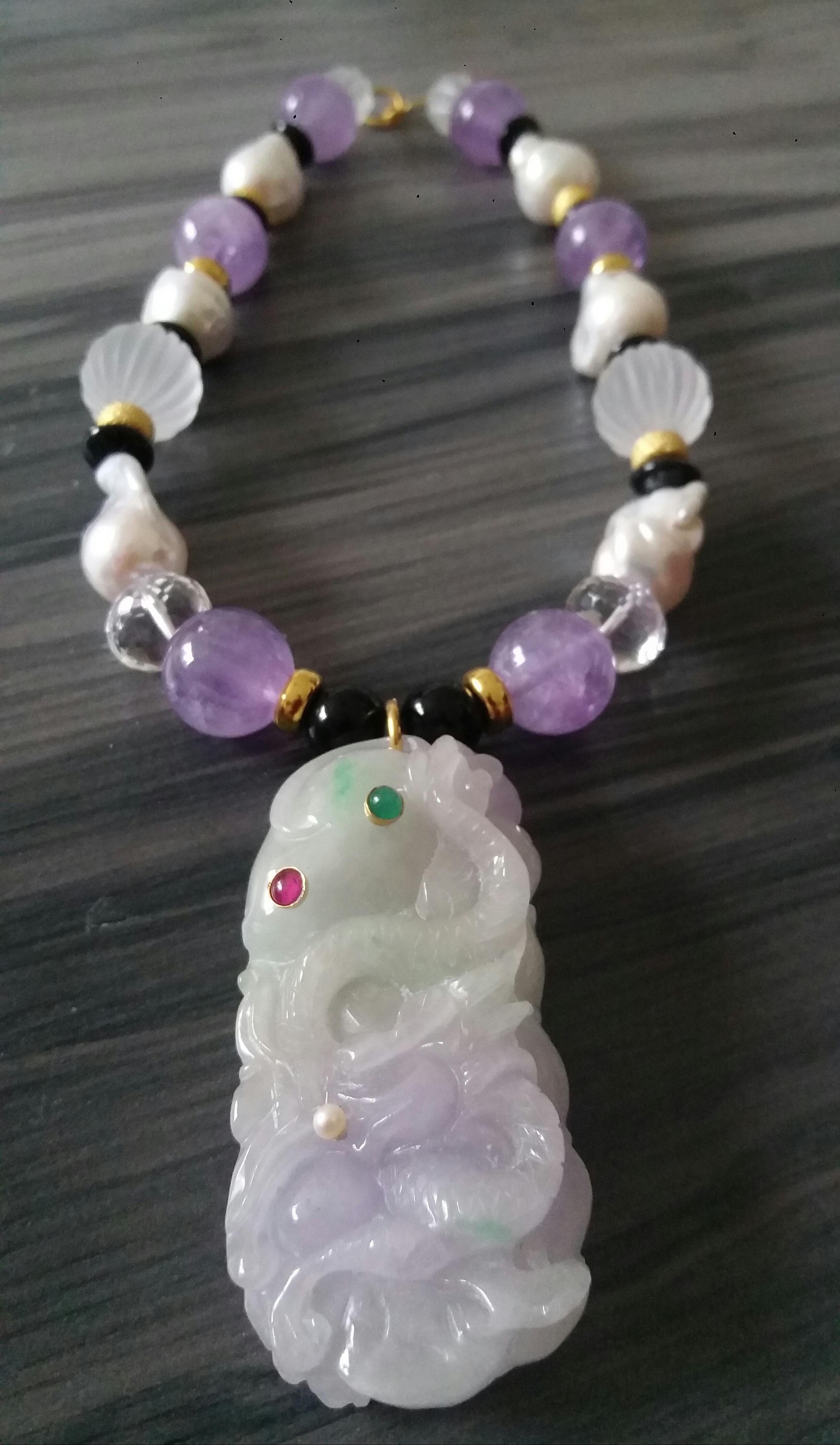 Purple Jade Amethyst Pearls Quartz Black Onyx Rubies Emeralds Gold Necklaces For Sale 3