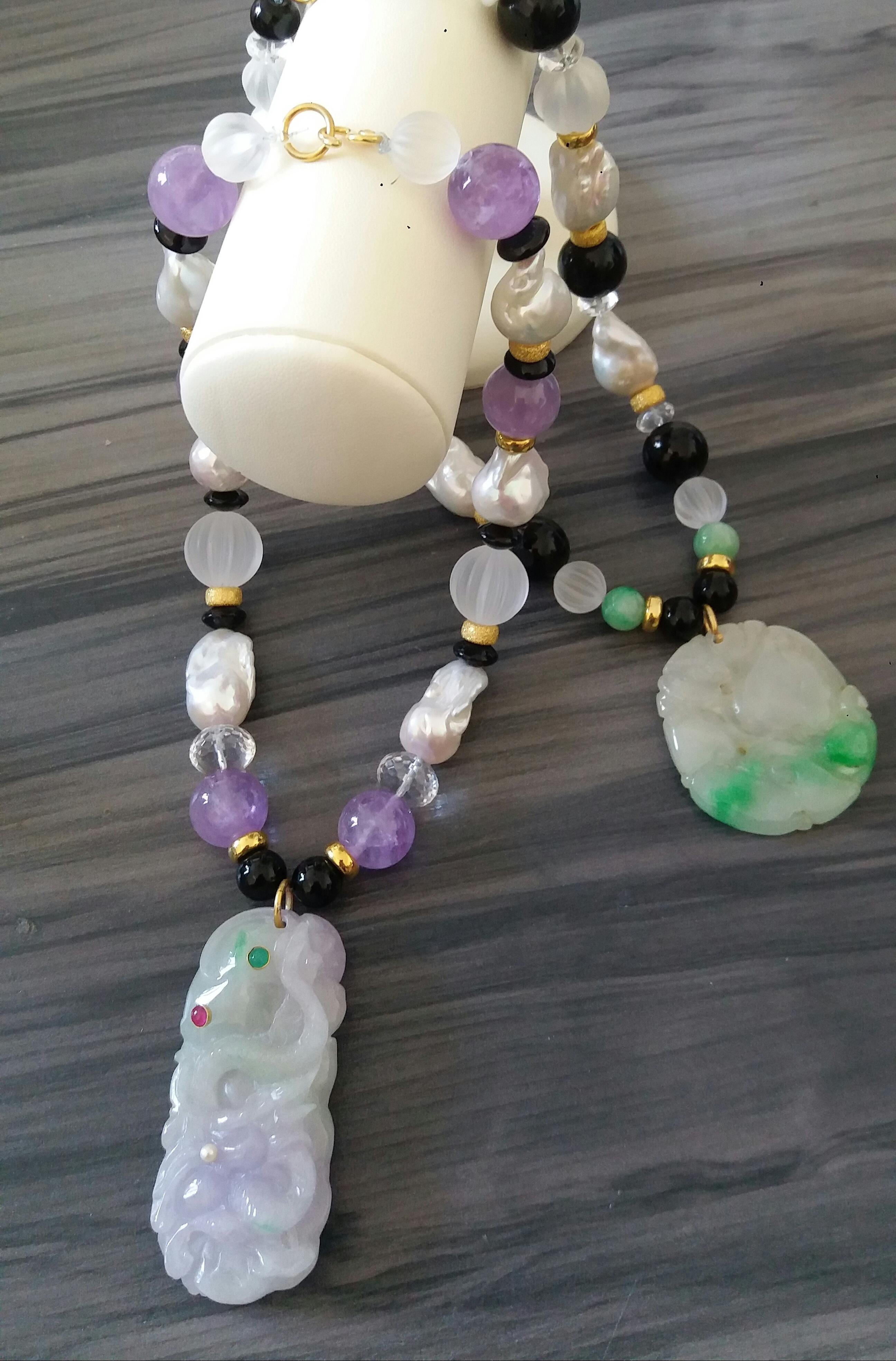 Purple Jade Amethyst Pearls Quartz Black Onyx Rubies Emeralds Gold Necklaces For Sale 4