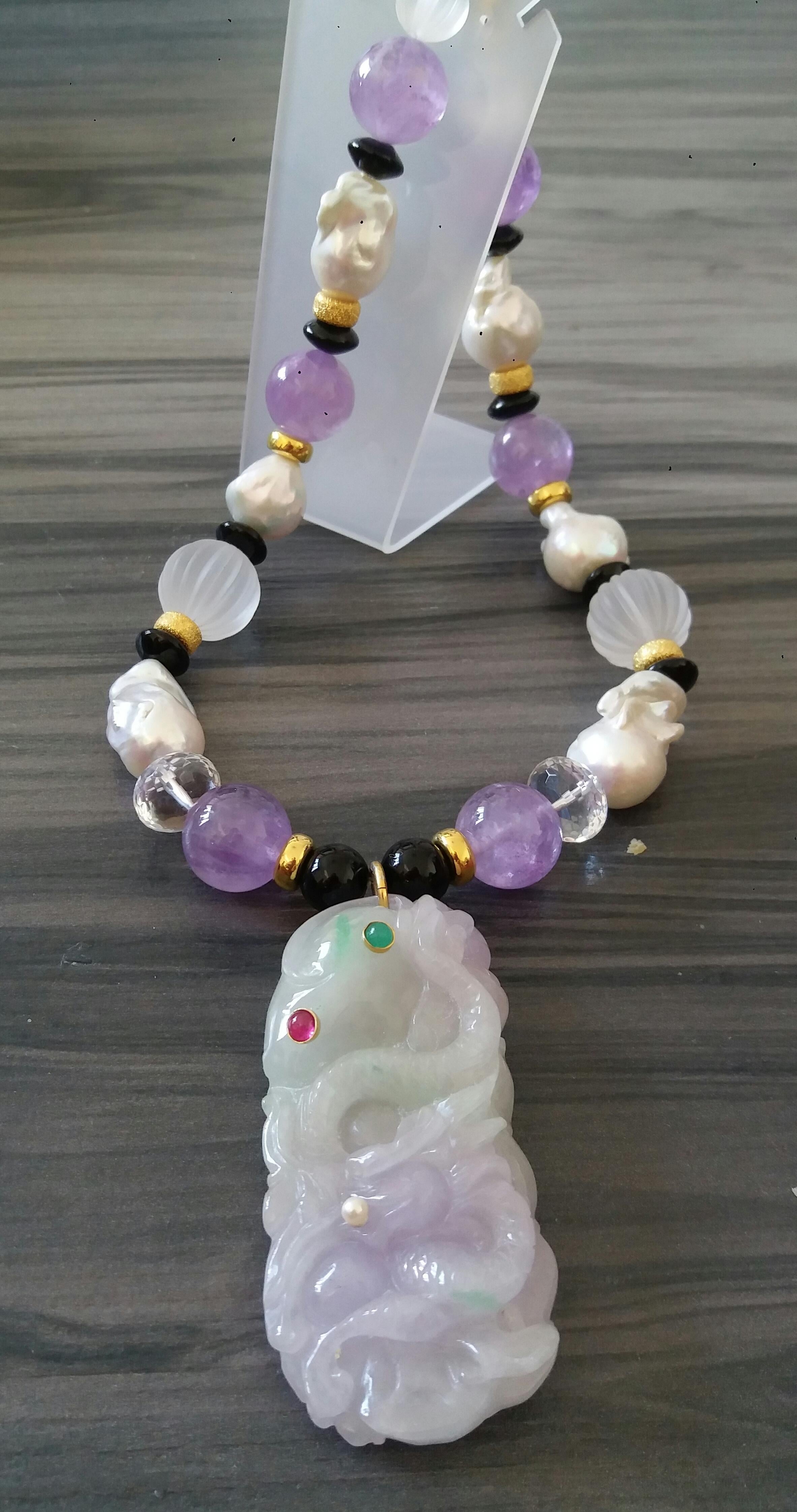 Purple Jade Amethyst Pearls Quartz Black Onyx Rubies Emeralds Gold Necklaces For Sale 7