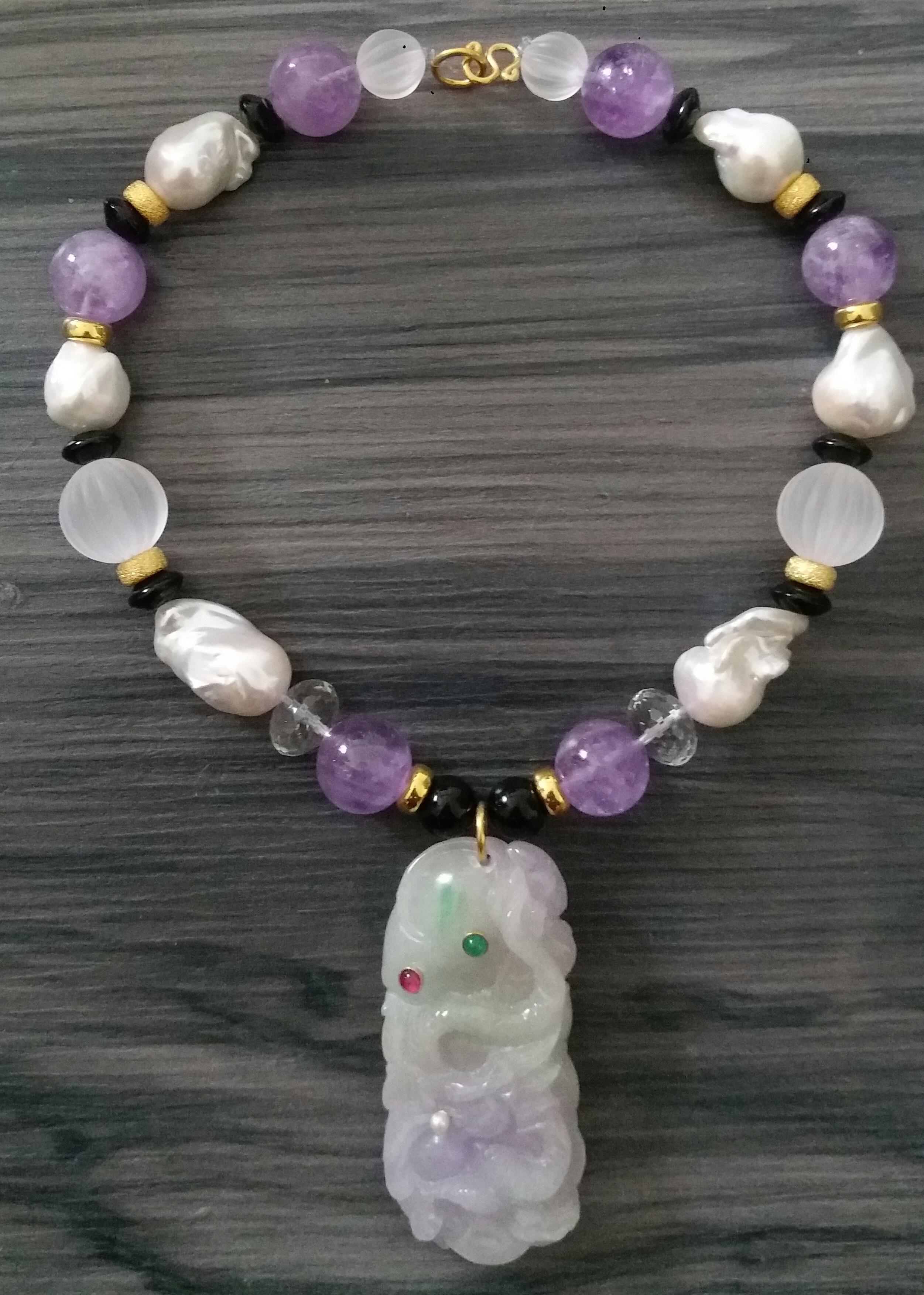 Mixed Cut Purple Jade Amethyst Pearls Quartz Black Onyx Rubies Emeralds Gold Necklaces For Sale