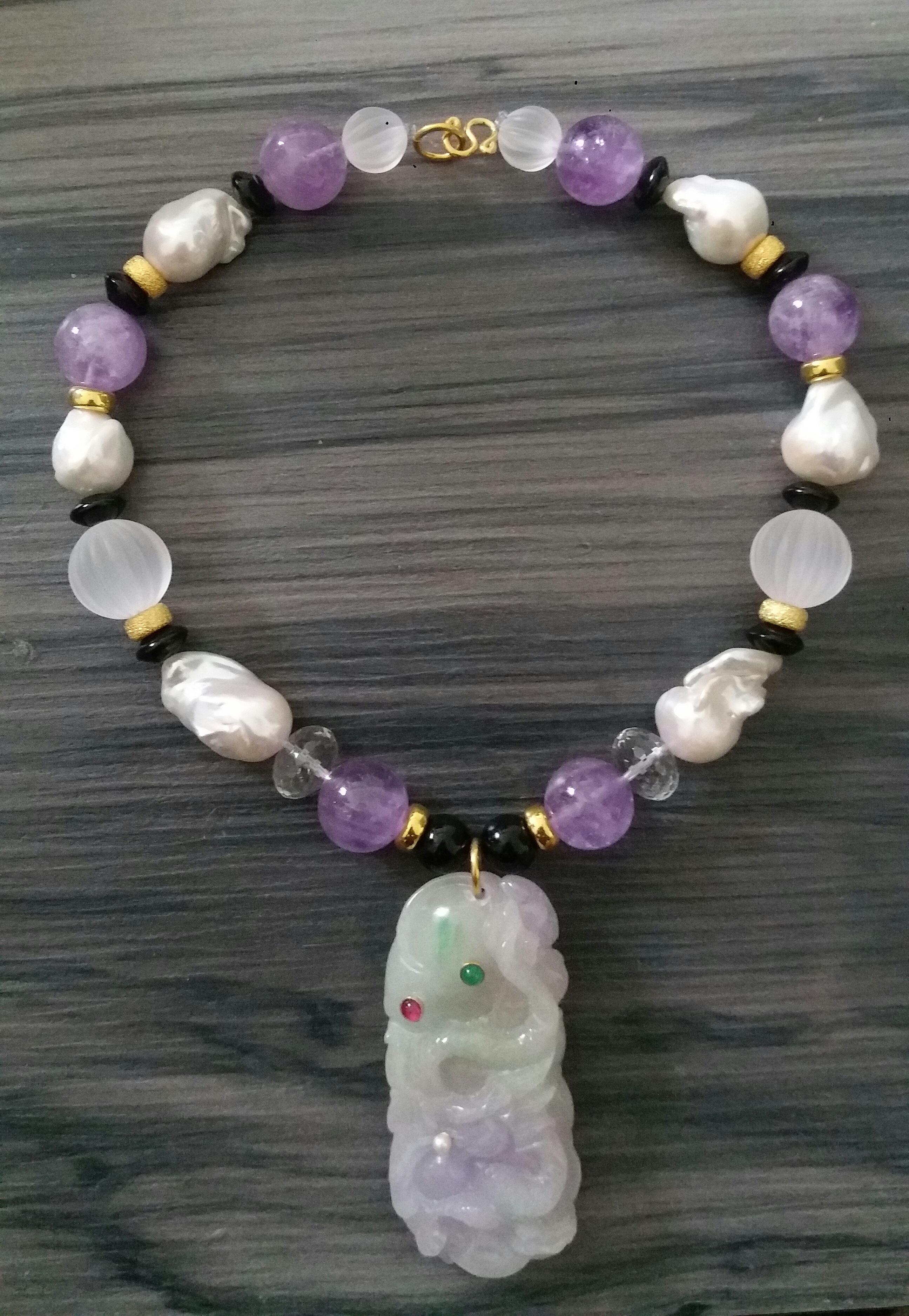 Purple Jade Amethyst Pearls Quartz Black Onyx Rubies Emeralds Gold Necklaces For Sale