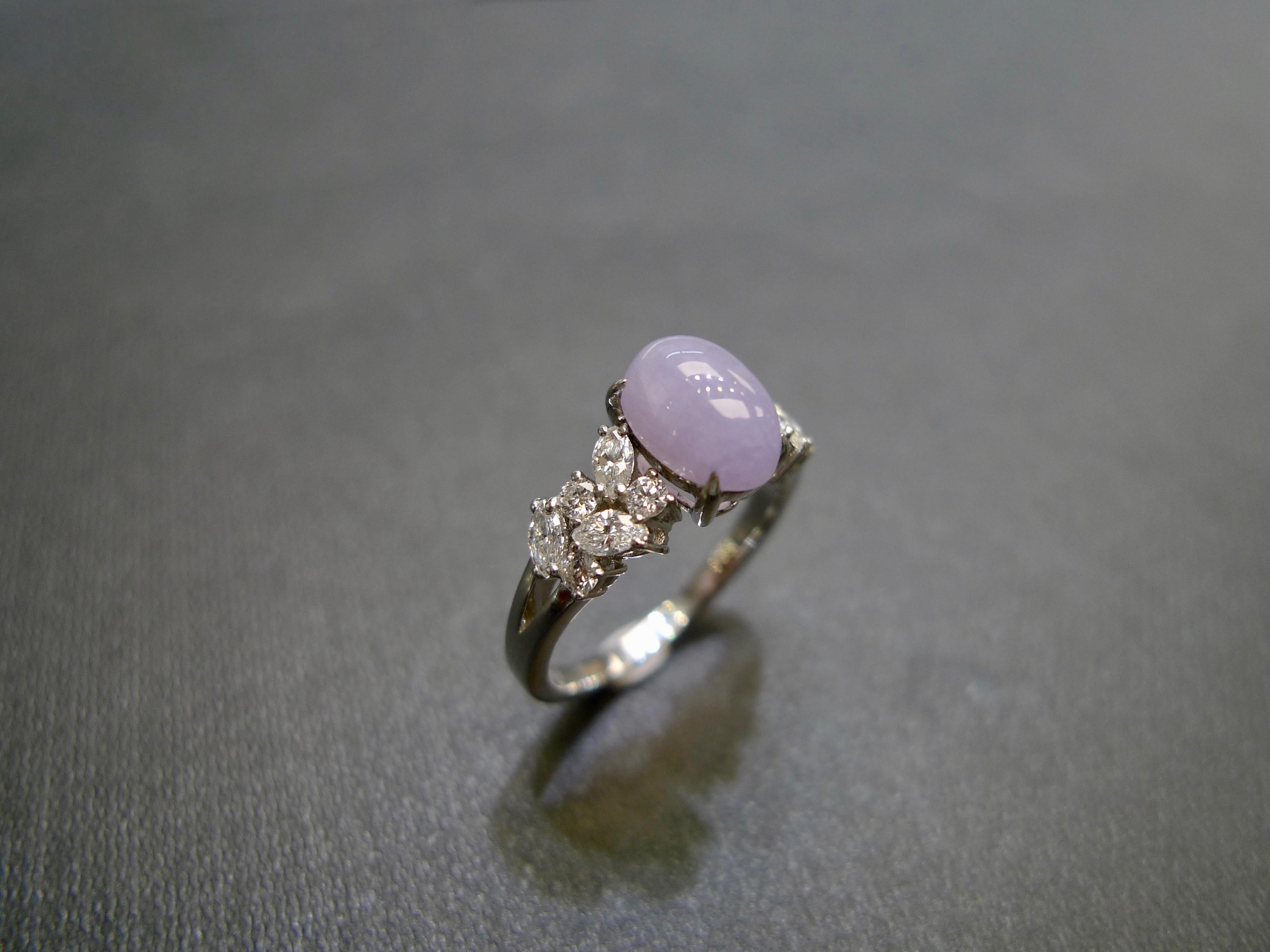 For Sale:  Purple Jade and Marquise Diamond Unique Engagement Ring in 18K White Gold 7