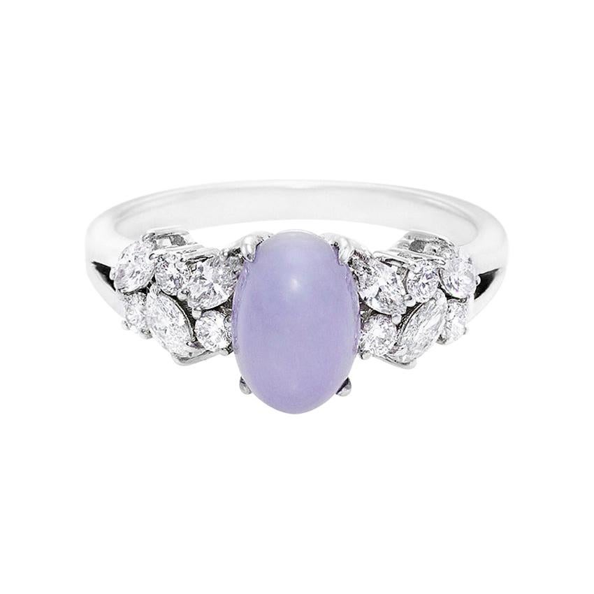 Purple Jade and Marquise Diamond Unique Engagement Ring in 18K White Gold