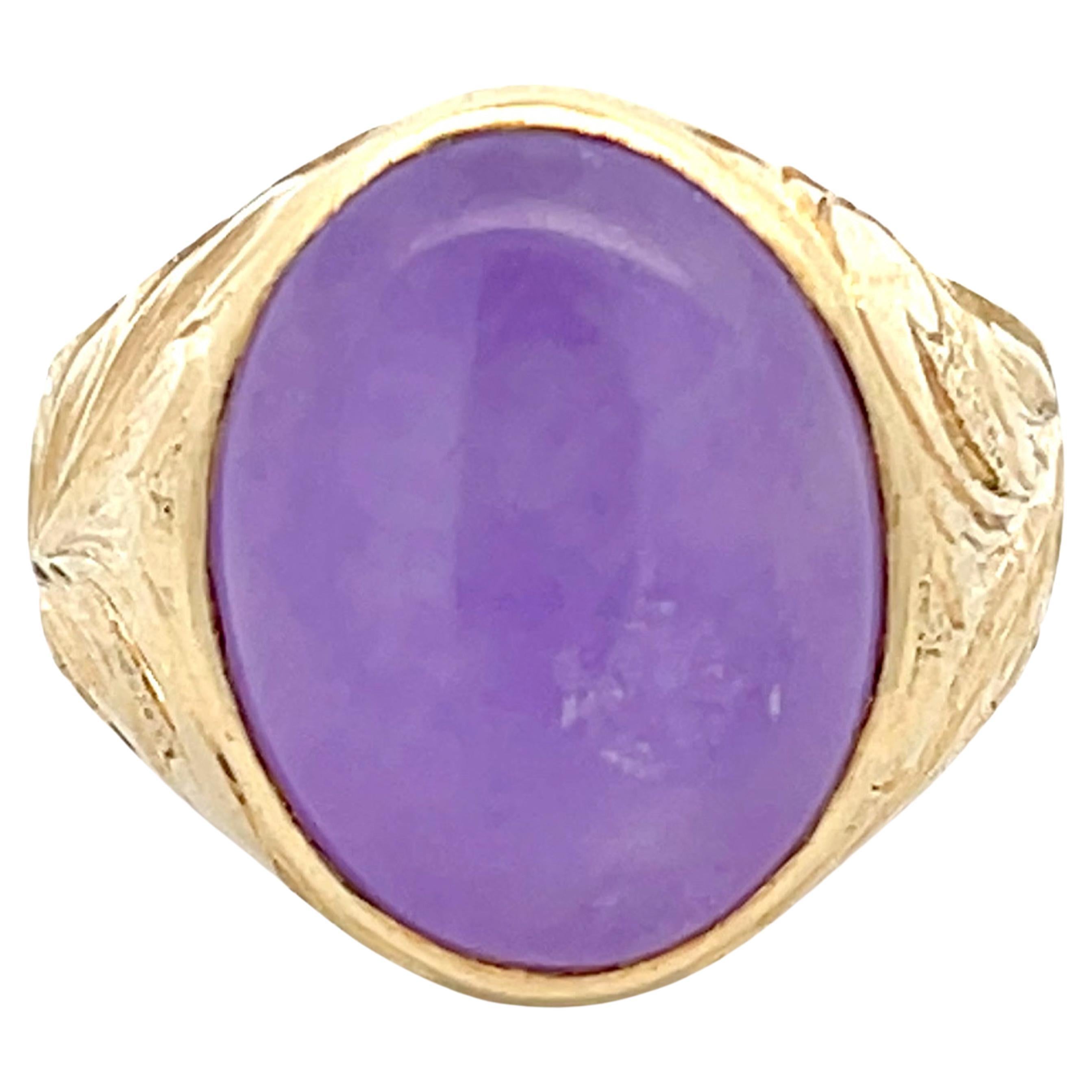 Purple Jade Cabochon Ring with Leaf Design in 14k Yellow Gold For Sale