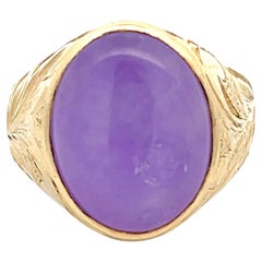 Purple Jade Cabochon Ring with Leaf Design in 14k Yellow Gold