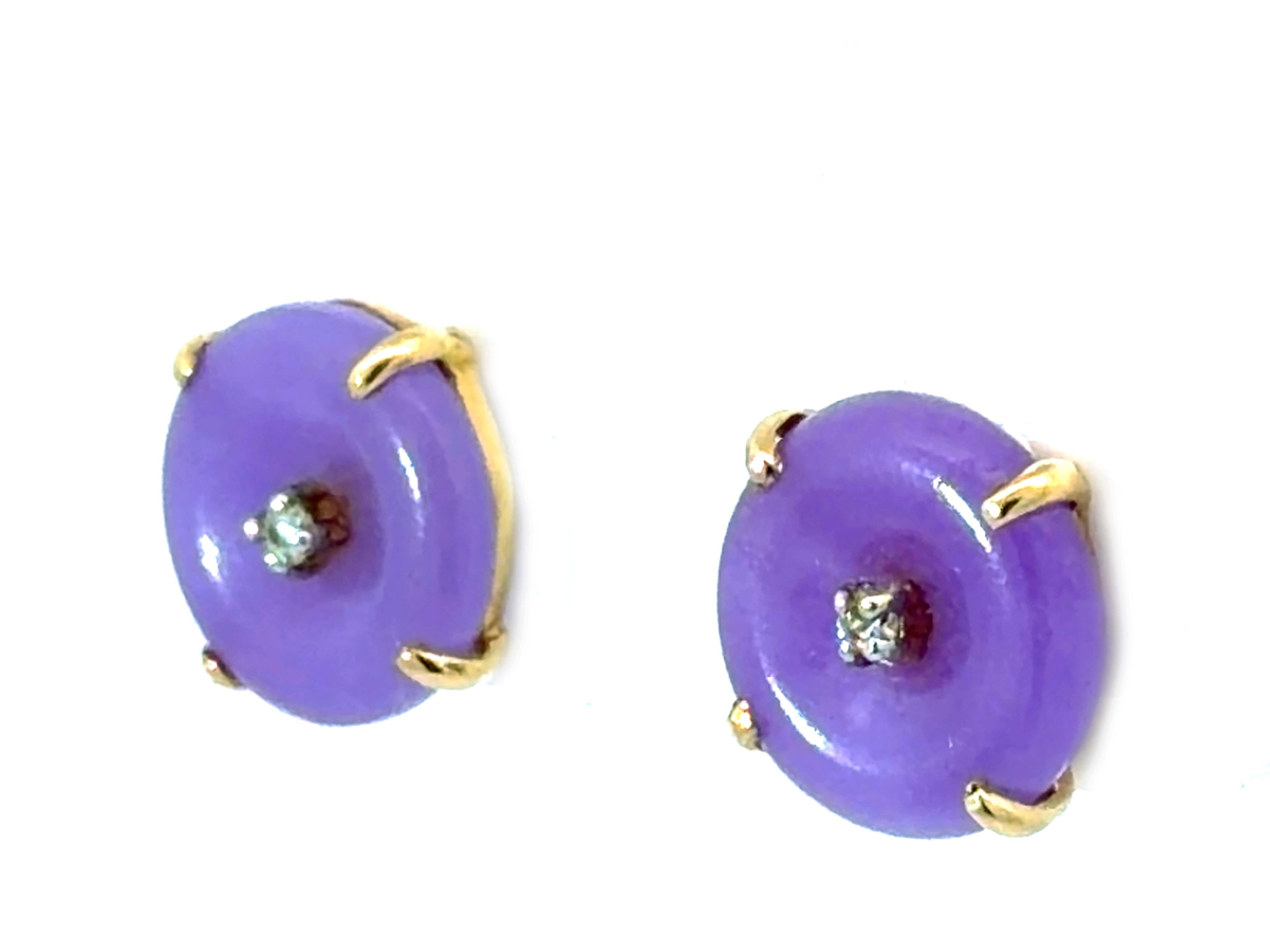 Taglio rotondo Orecchini a disco di giada viola in oro giallo 14K in vendita