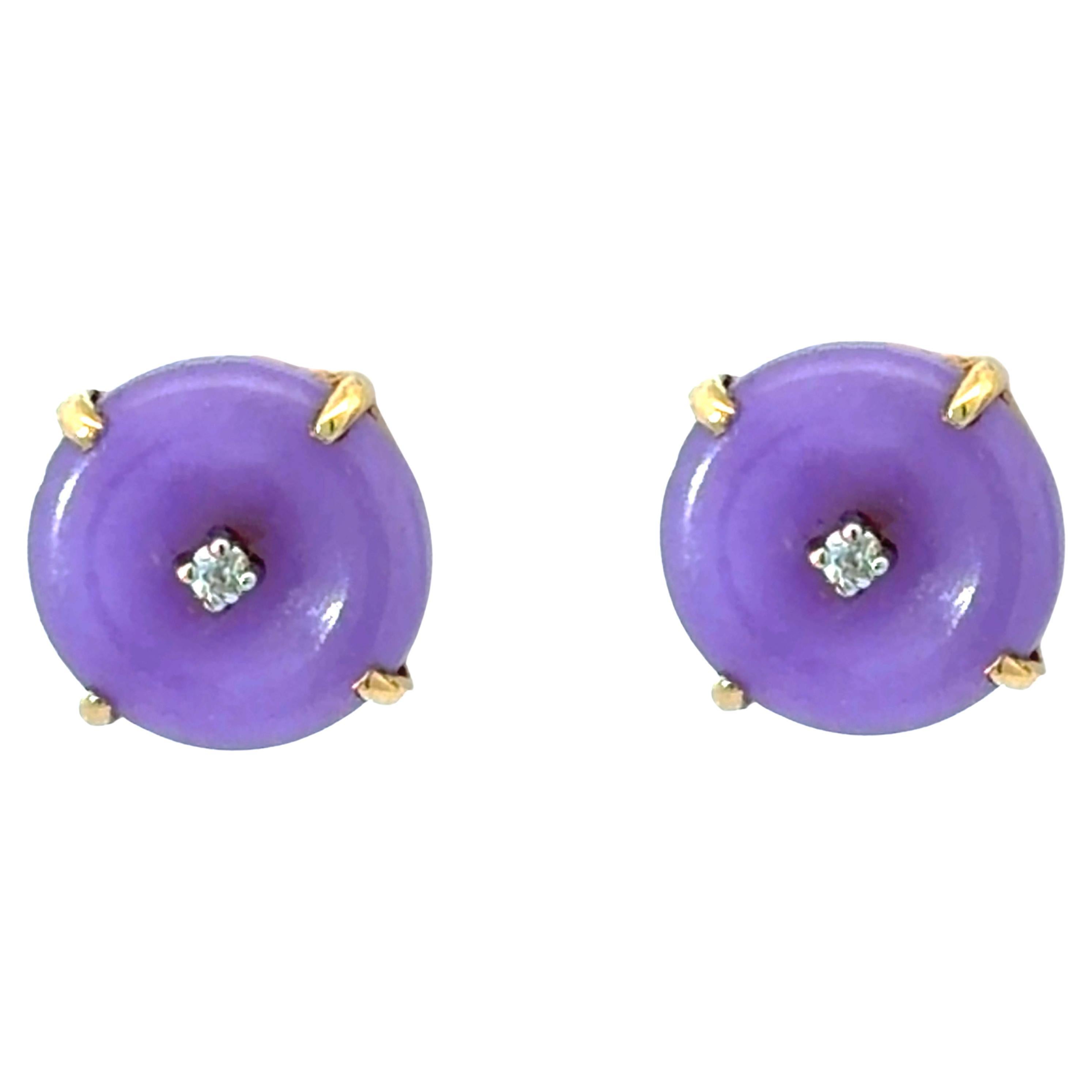 Orecchini a disco di giada viola in oro giallo 14K in vendita
