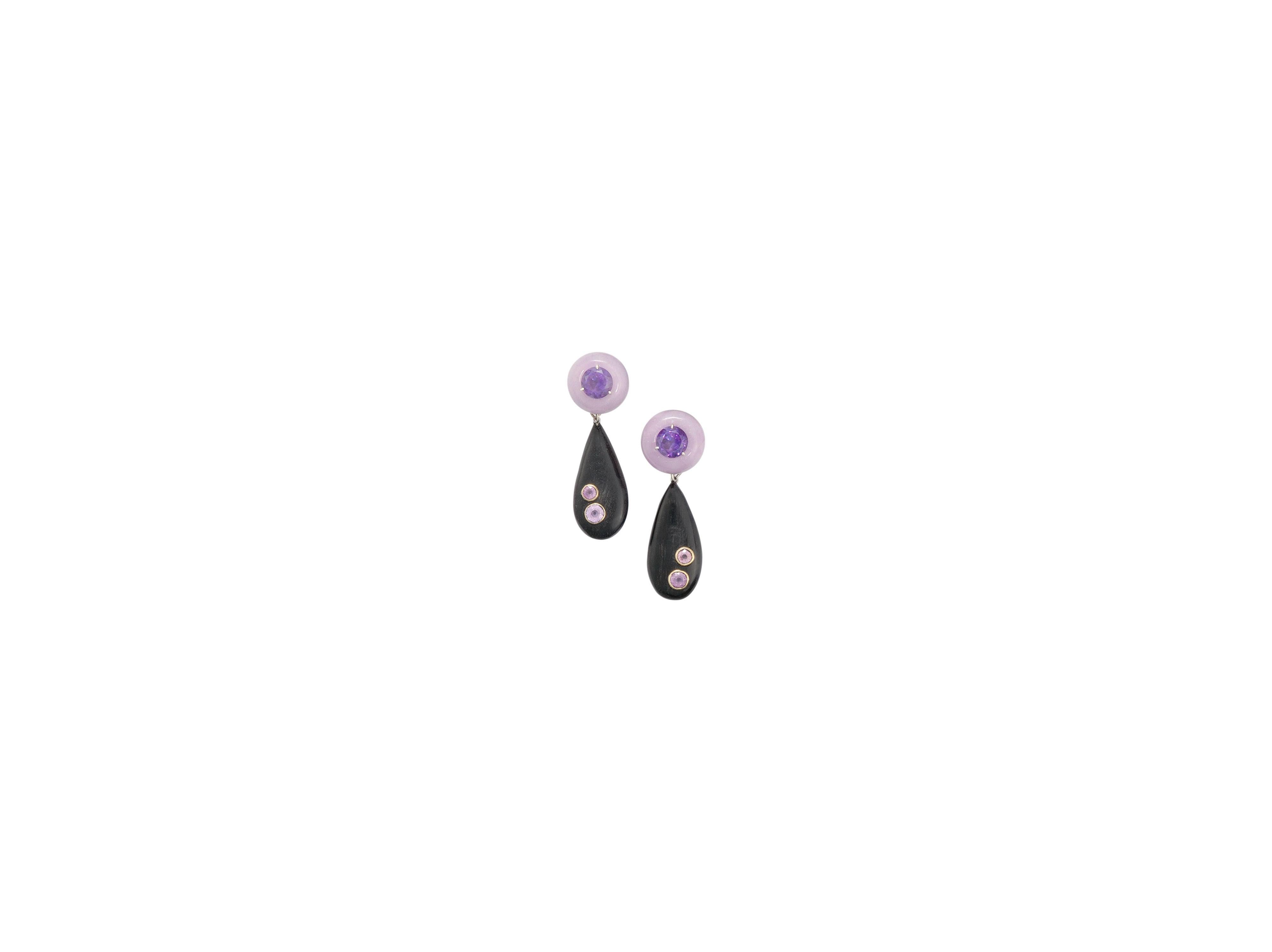 Purple jade Donut Earrings (16mm radius )with faceted Amethyst center and detachable pave pink Sapphire drops with pave diamond on top. Set in 18 karat white gold, signed Sorab & Roshi.

Ameth= 4.55 cts., P.Saph=4.92 cts., dia=0.24 cts.

0.60