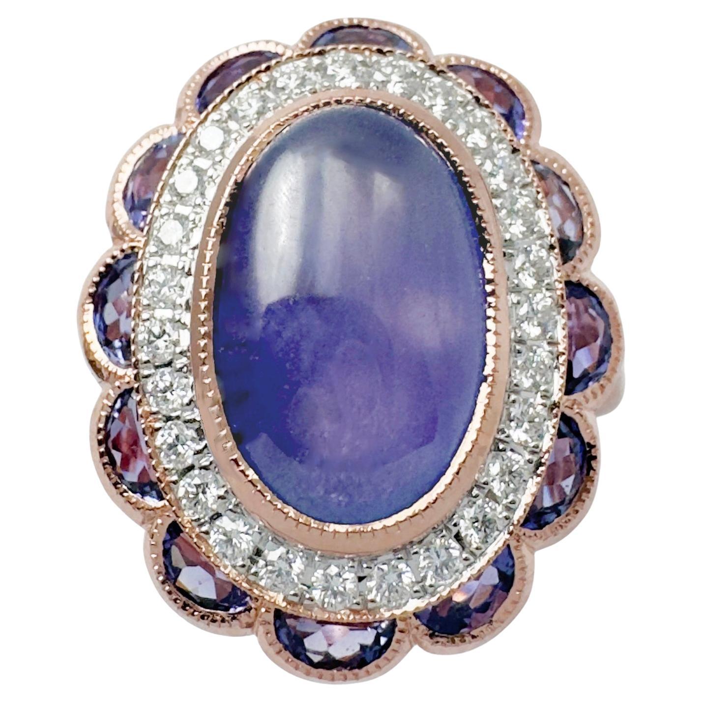 Purple Jade with Purple Sapphire and Diamond Ring set in 18K Rose Gold Settings