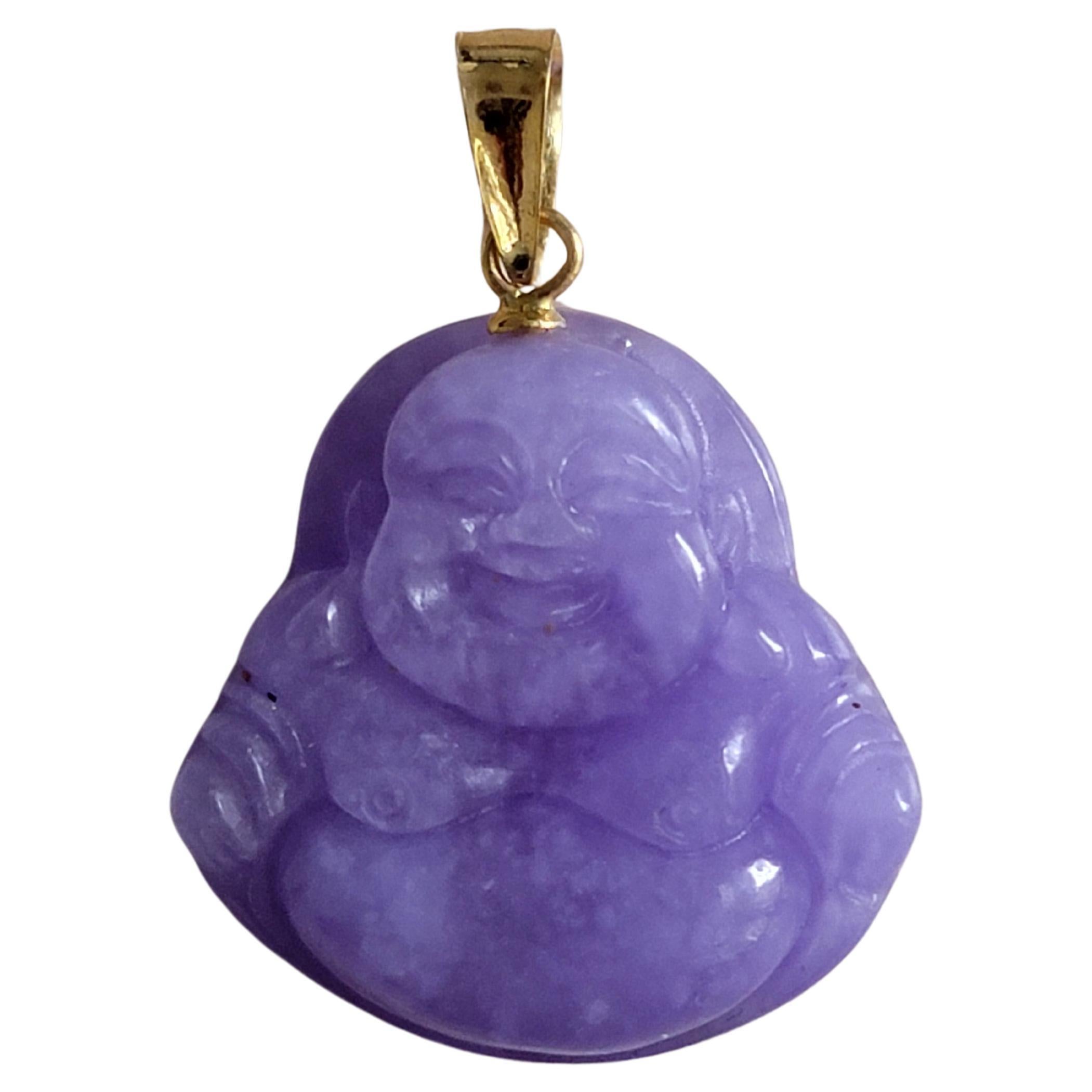 Purple Lavender Jade Laughing Buddha Pendant (With 14K Yellow Gold) For Sale
