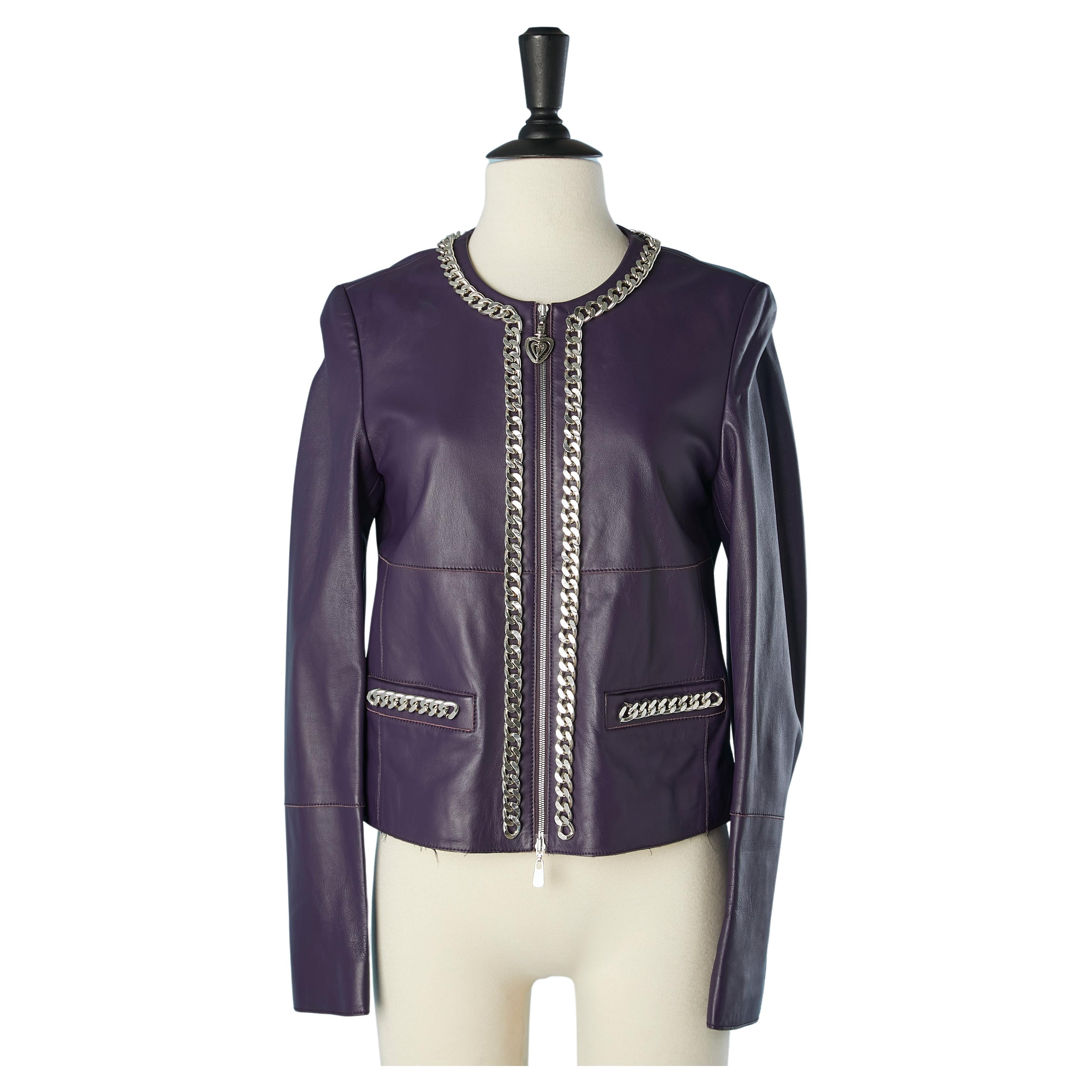 Purple leather jacket with silver chain Escada Sport  For Sale