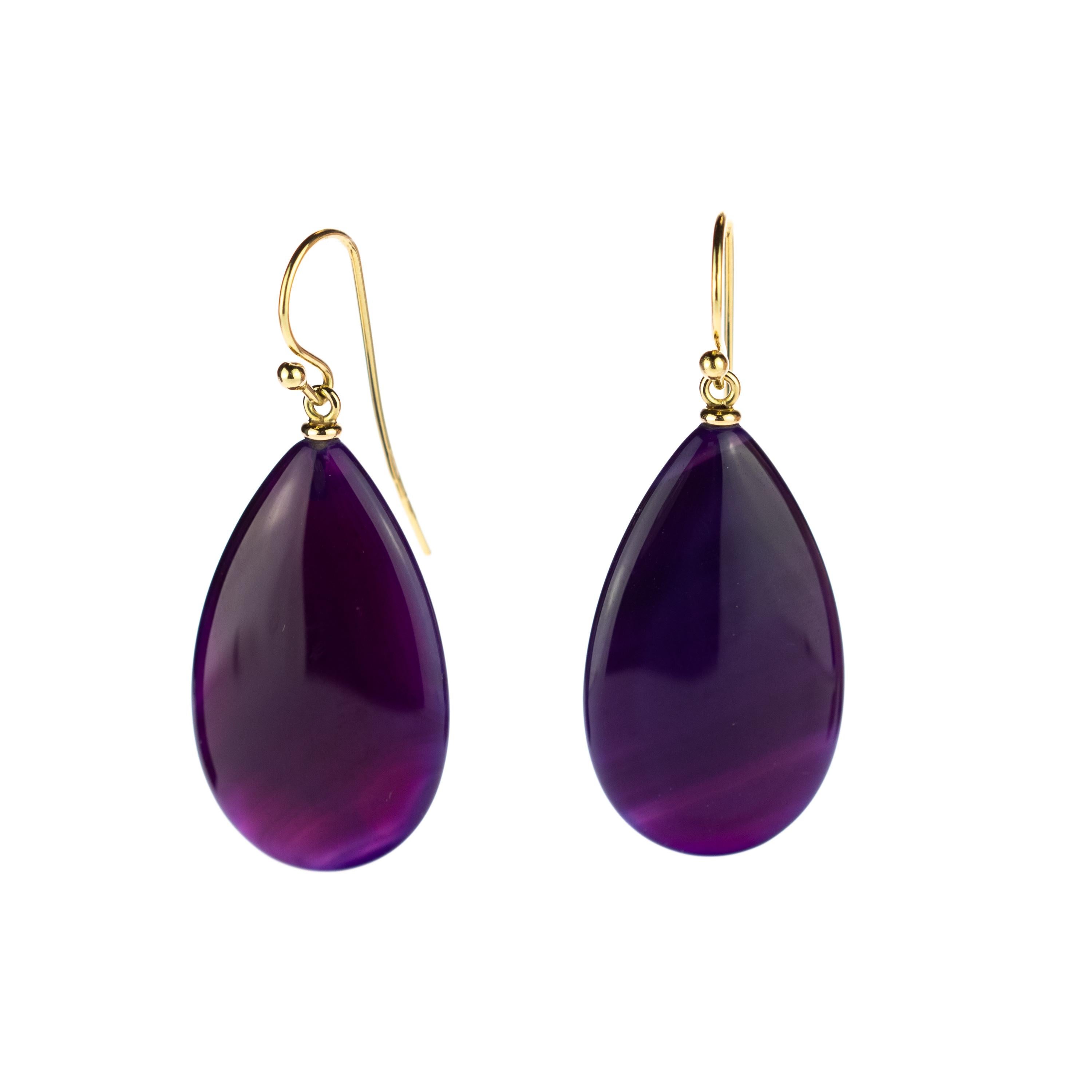 Modern Purple Liliac Agate 18 Karat Yellow Gold Briolette Tear Drop Hook Long Earrings For Sale