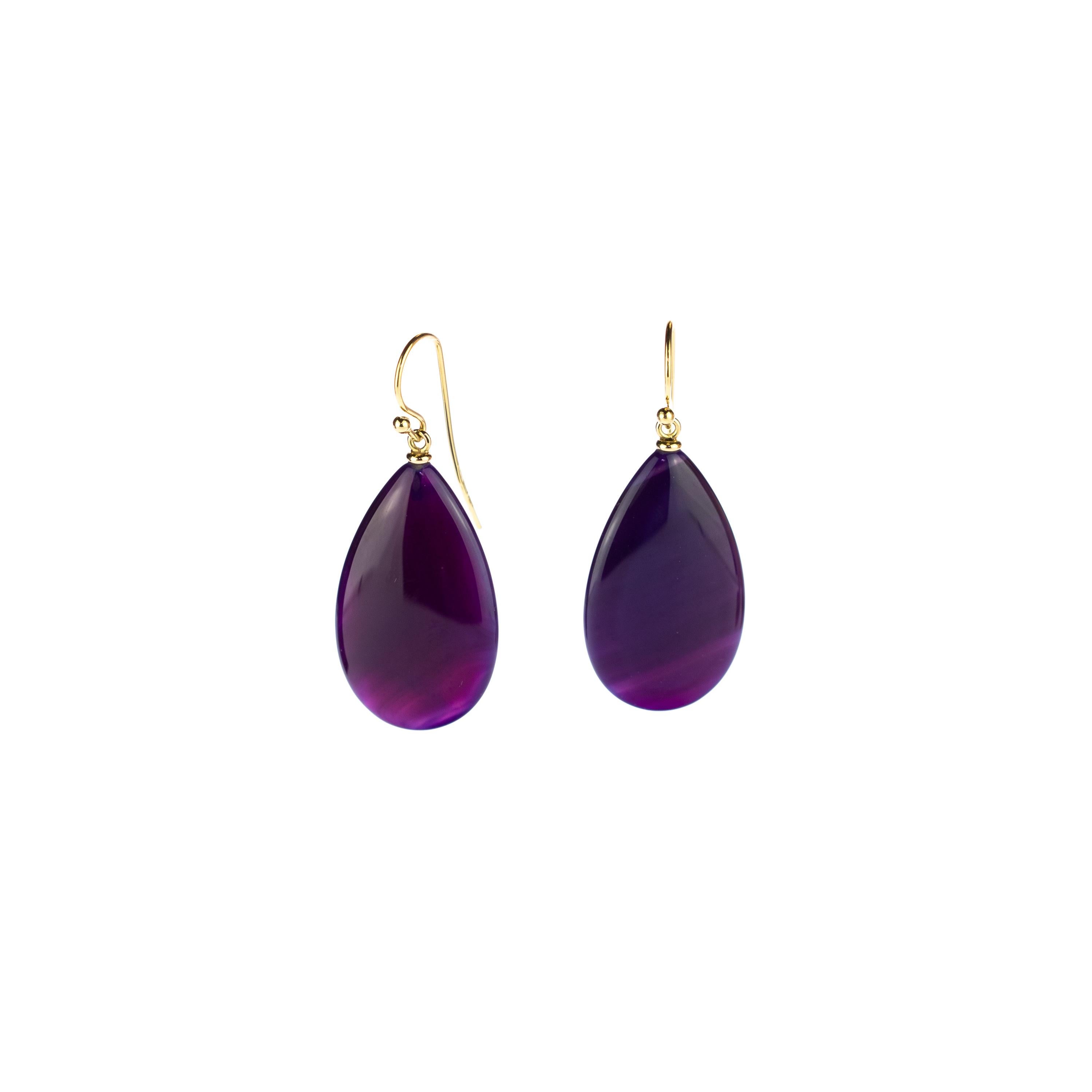 Women's Purple Liliac Agate 18 Karat Yellow Gold Briolette Tear Drop Hook Long Earrings For Sale