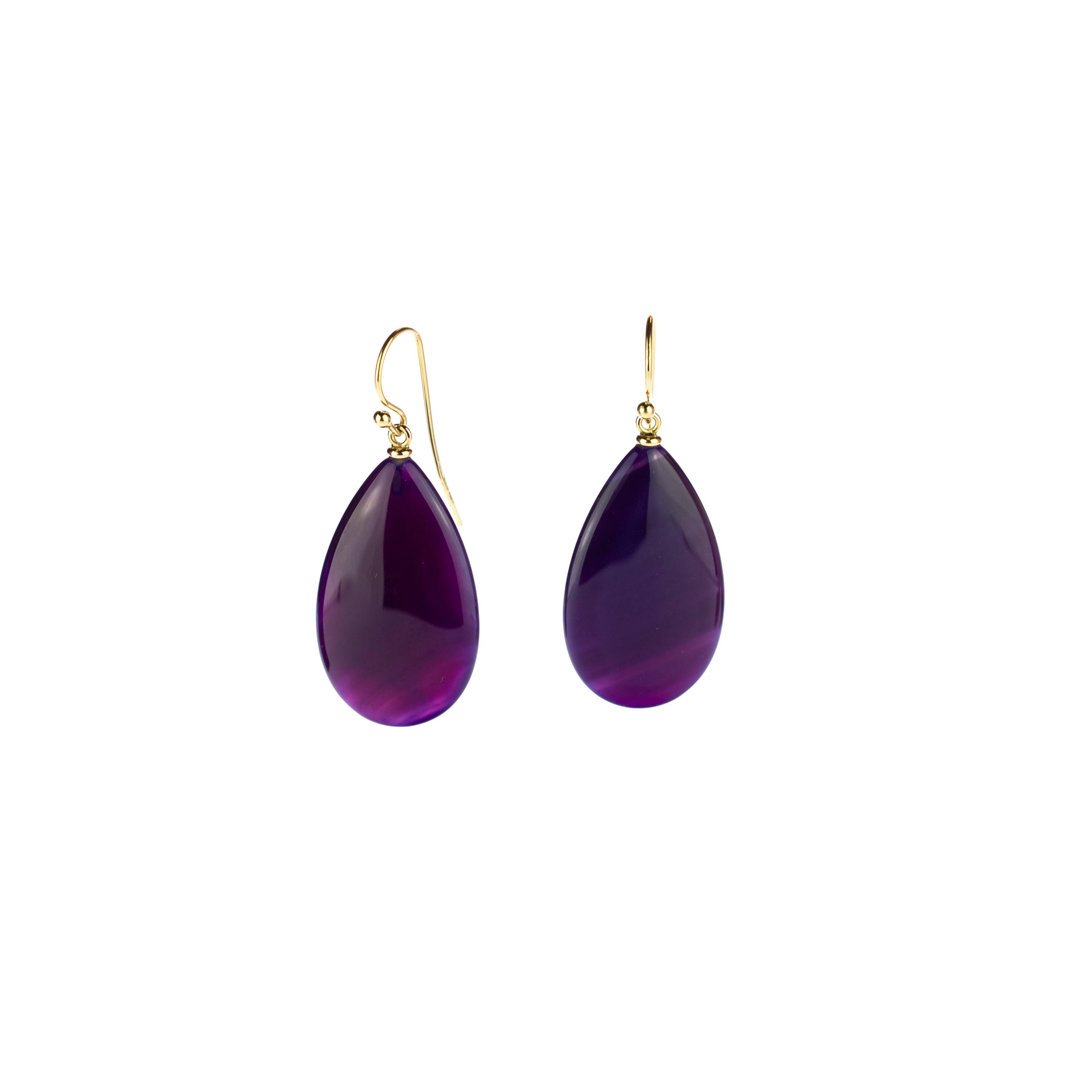 Purple Liliac Agate 18 Karat Yellow Gold Briolette Tear Drop Hook Long Earrings For Sale 1