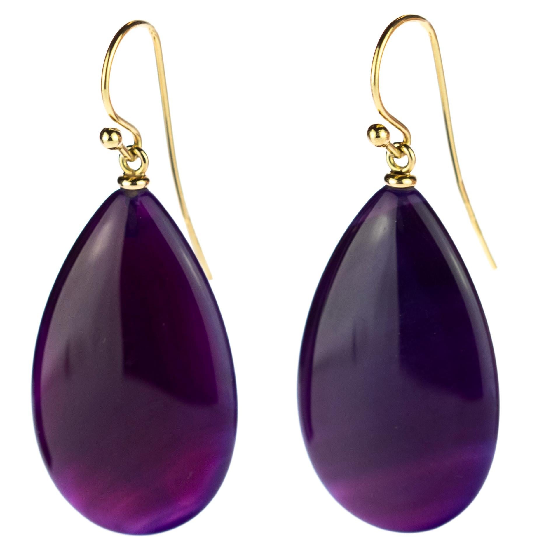Purple Liliac Agate 18 Karat Yellow Gold Briolette Tear Drop Hook Long Earrings For Sale