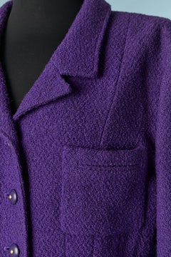Purple long single breasted jacket in tweed with branded button Chanel Boutique