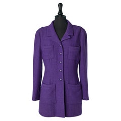 Purple long single breasted jacket in tweed with branded button Chanel Boutique