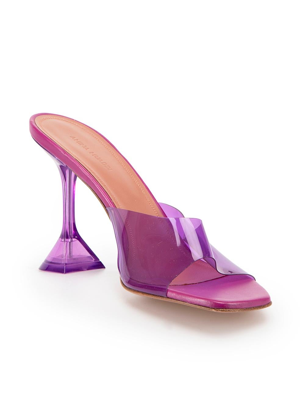 CONDITION is Very good. Minimal wear to mule is evident. Minimal wear to soles with minor scuffing on this used Amina Muaddi designer resale item.



Details


Purple

PVC

Slip-on mules

High heeled

Open-toe

Transparent



 

Made in
