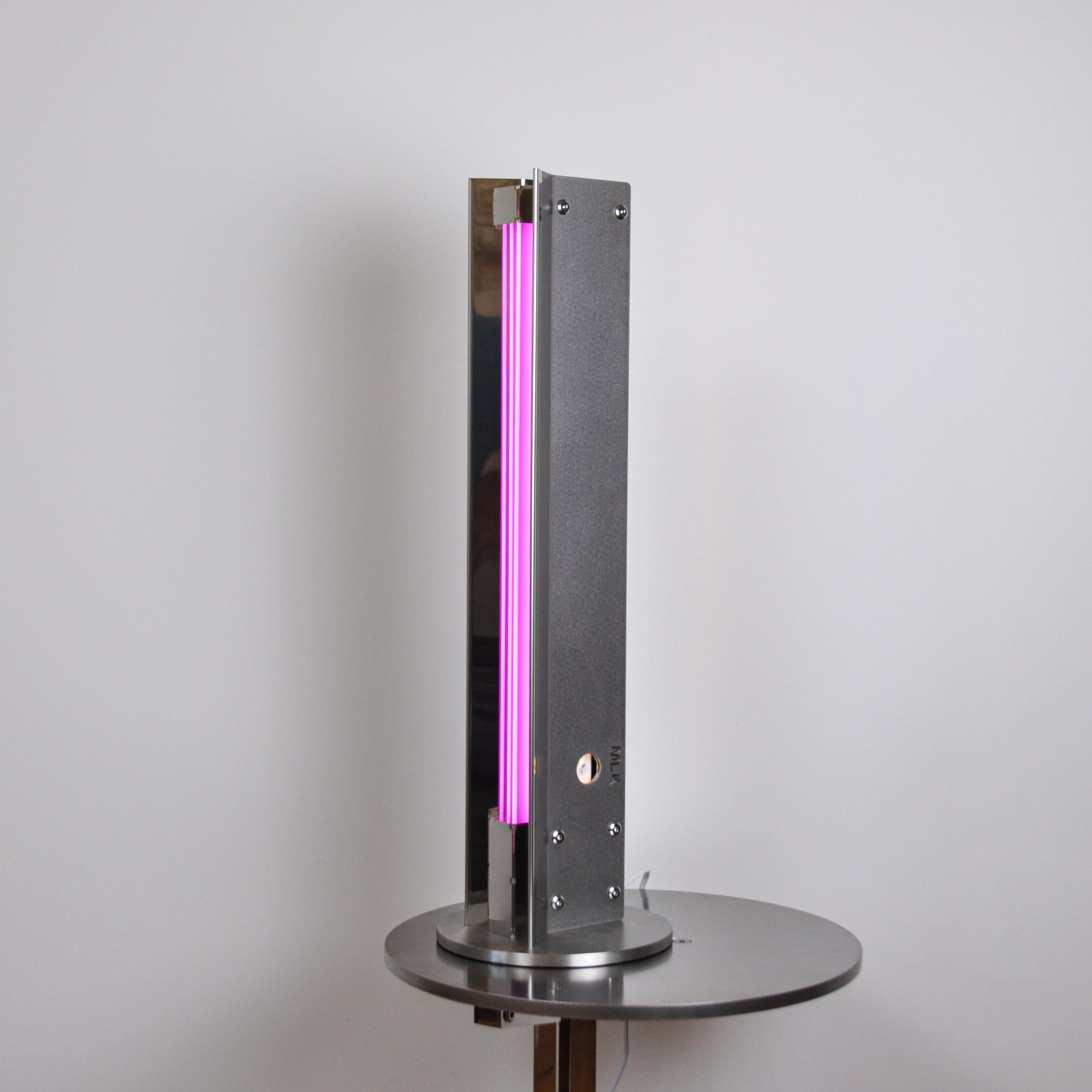 Purple Mat Ne600 Plus Lamp by MLK Furniture
Dimensions: D 20 x W 20 x H 63 cm.
Materials: Stainless steel, acrylic.

Also available in brass, copper, or stainless steel. Please contact us.

Ne600 Plus Lamp comes with a double metal sheet; mat