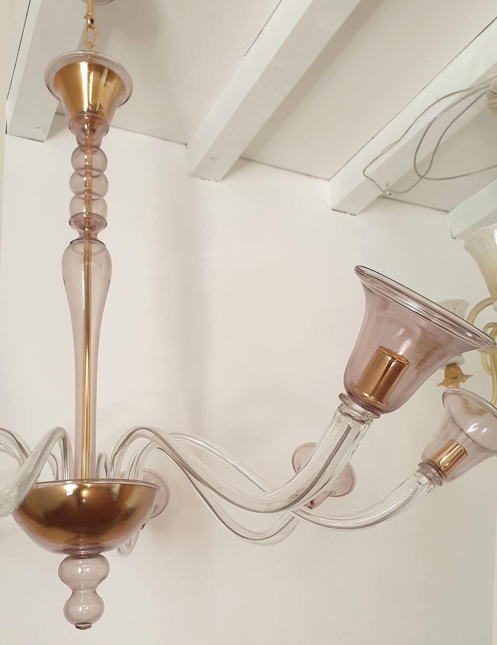 Gold Plate Purple Mid Century Murano Glass Chandelier For Sale